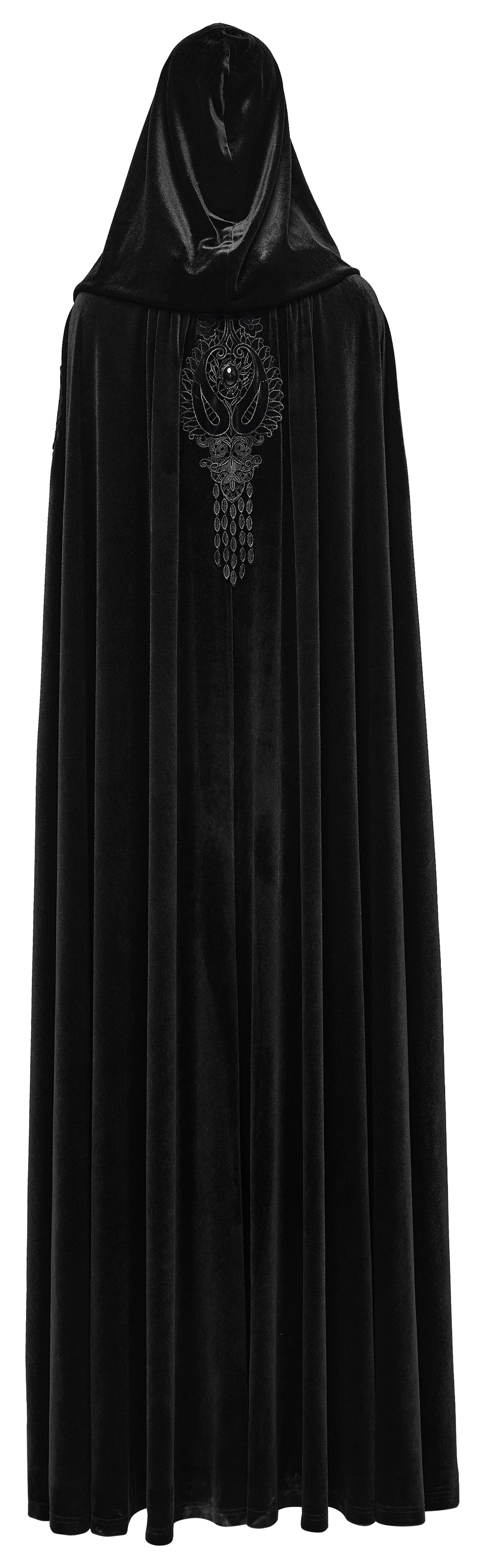Punk Rave Goth Velvet Cloak – Black Hooded Full-Length Embroidered Cape