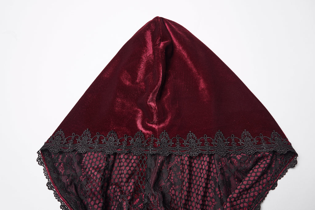 Punk Rave Seraphiel Gothic Velvet Cloak – Red Hooded Lace Cape