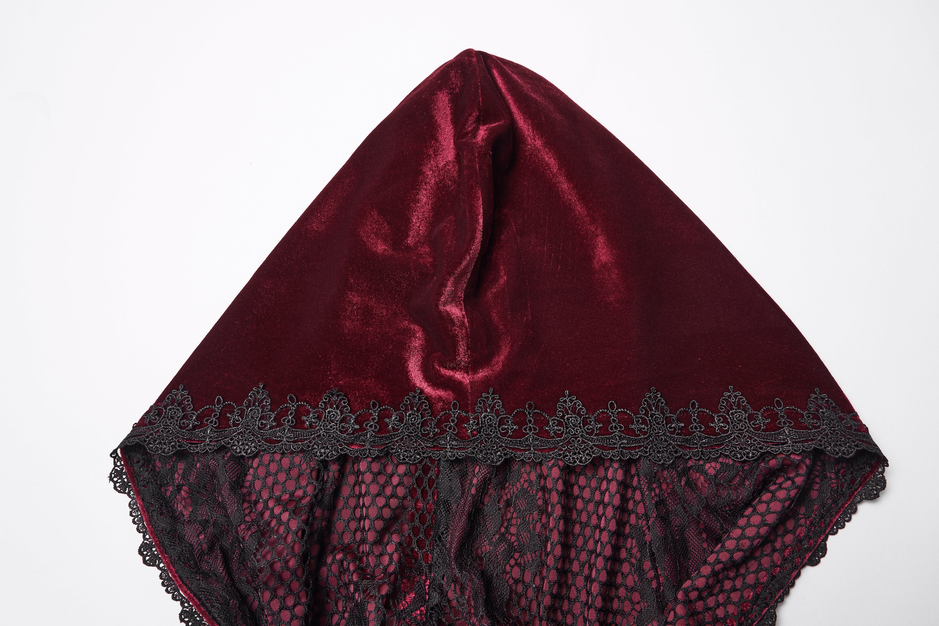 Punk Rave Seraphiel Gothic Velvet Cloak – Red Hooded Lace Cape
