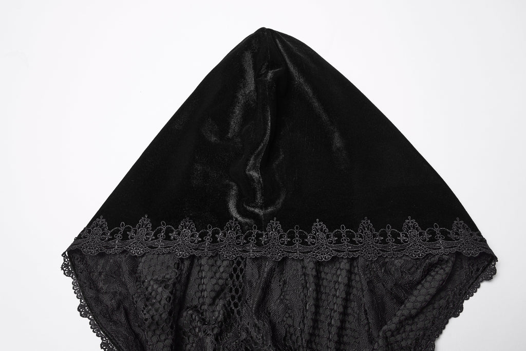 Punk Rave Goth Velvet Cloak – Black Hooded Full-Length Embroidered Cape