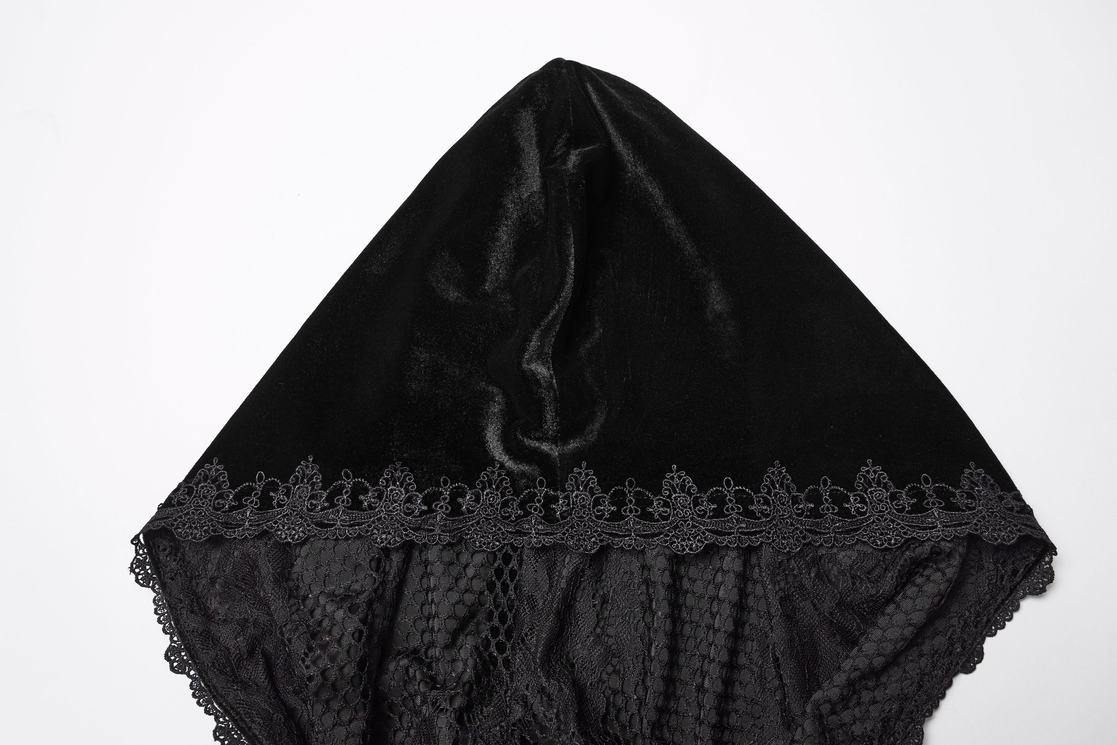 Punk Rave Goth Velvet Cloak – Black Hooded Full-Length Embroidered Cape