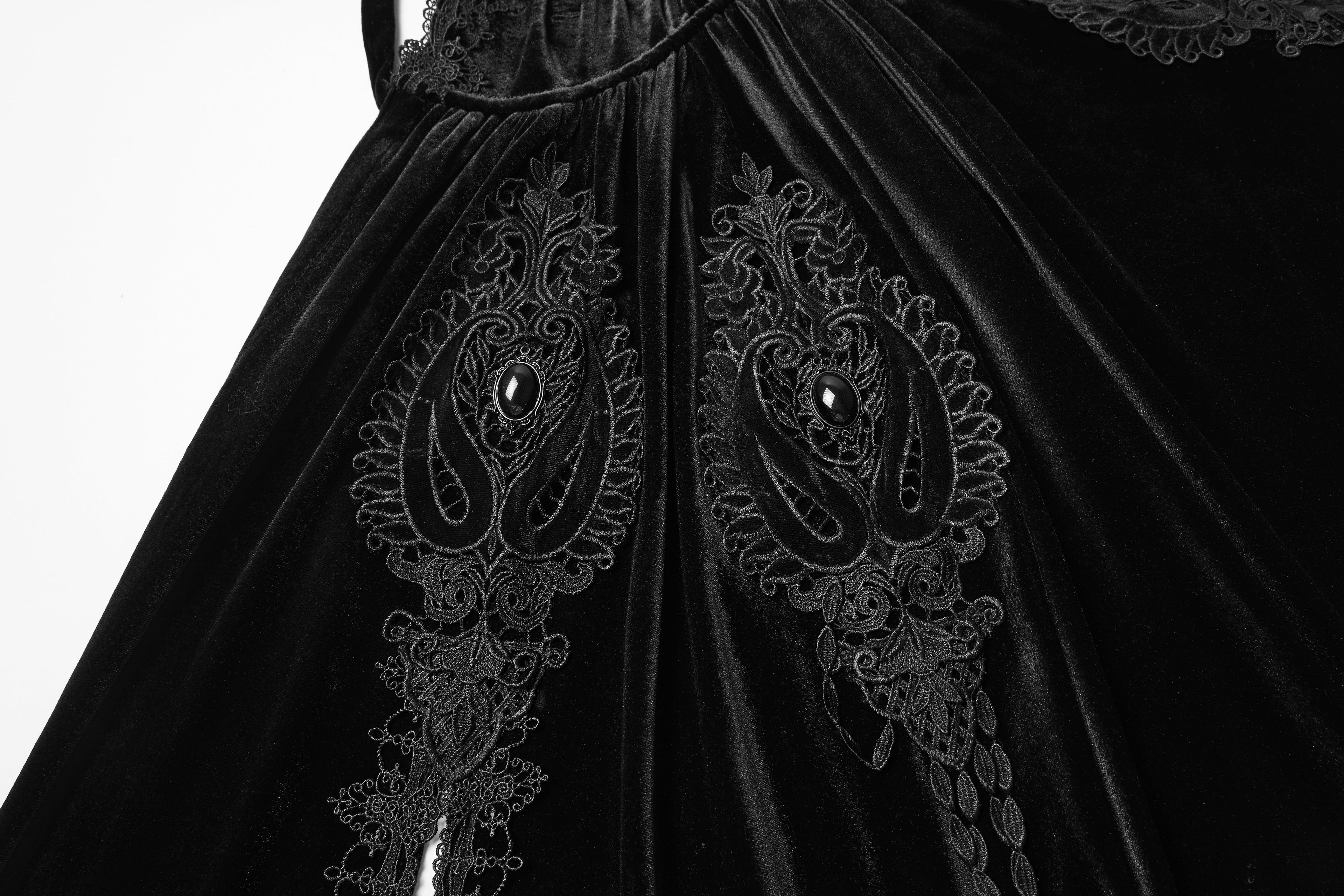 Punk Rave Goth Velvet Cloak – Black Hooded Full-Length Embroidered Cape