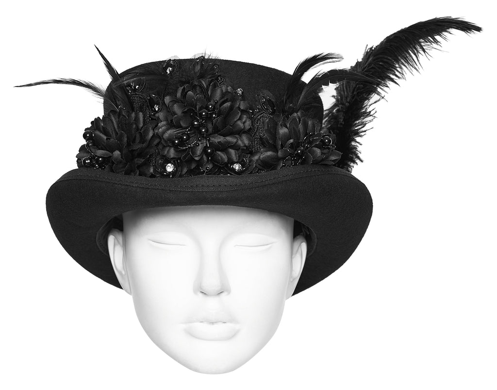 Punk Rave Goth Feather Formal Hat – Gothic Retro Style Wide-Brim Hat