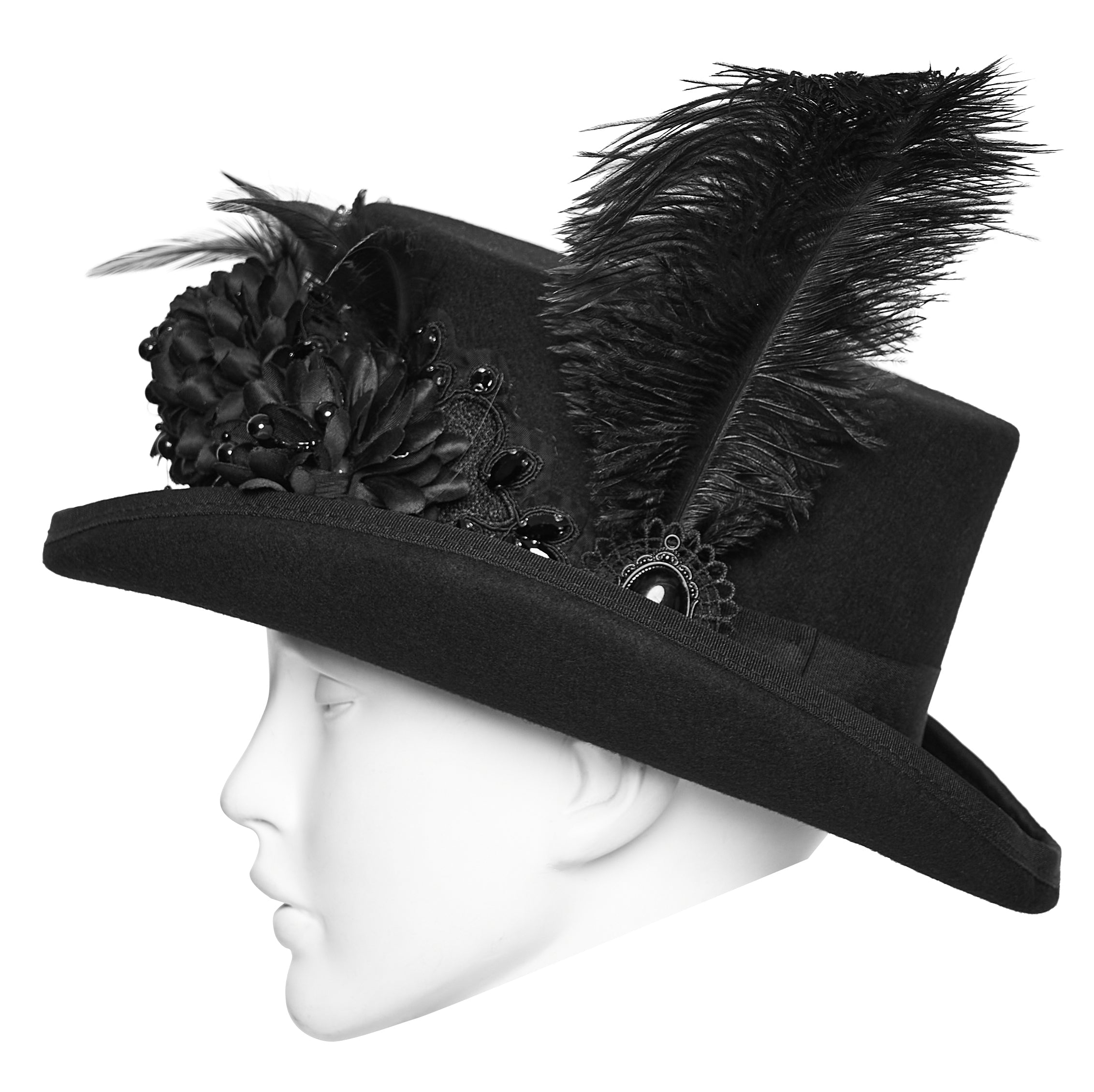 Punk Rave Goth Feather Formal Hat – Gothic Retro Style Wide-Brim Hat