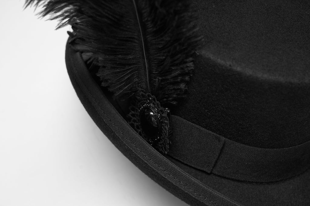 Punk Rave Goth Feather Formal Hat – Gothic Retro Style Wide-Brim Hat