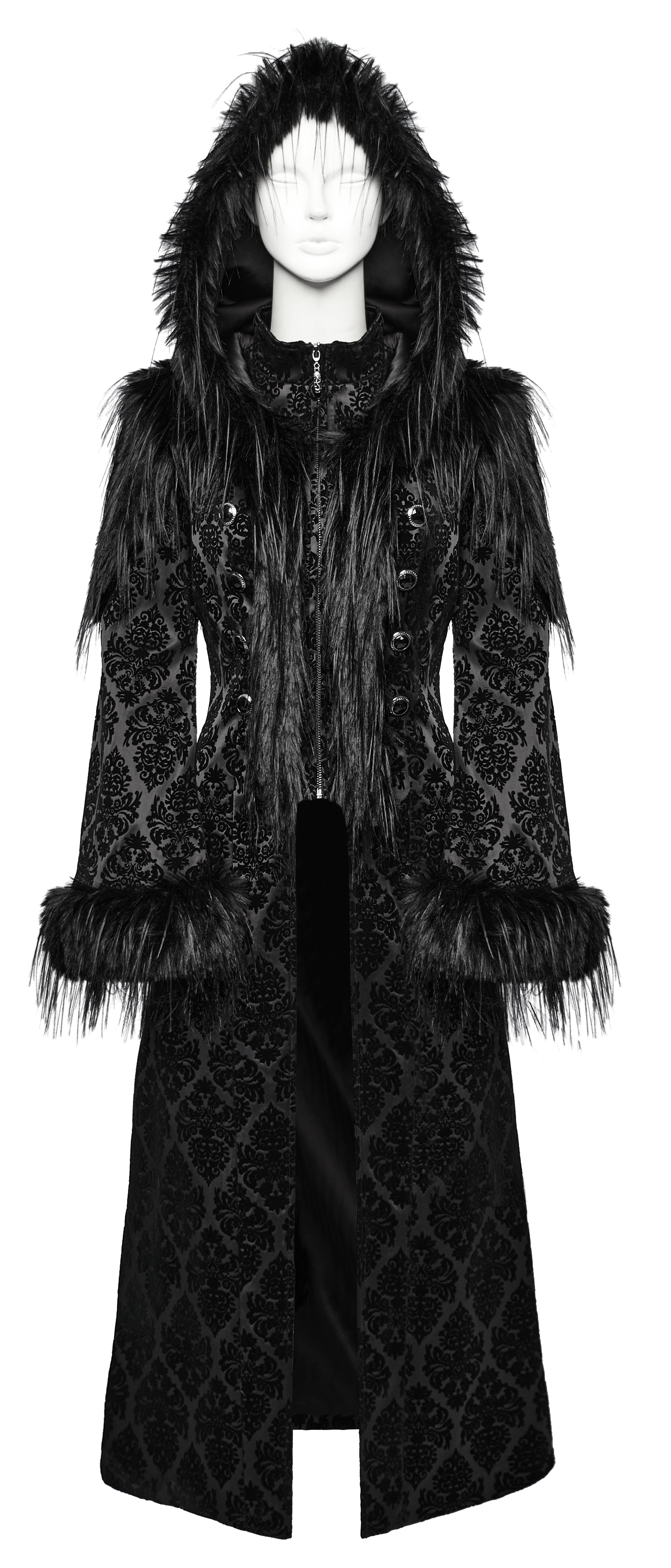Punk Rave Morrigan Goth Jacquard Coat – Black Faux Fur Hooded Jacket