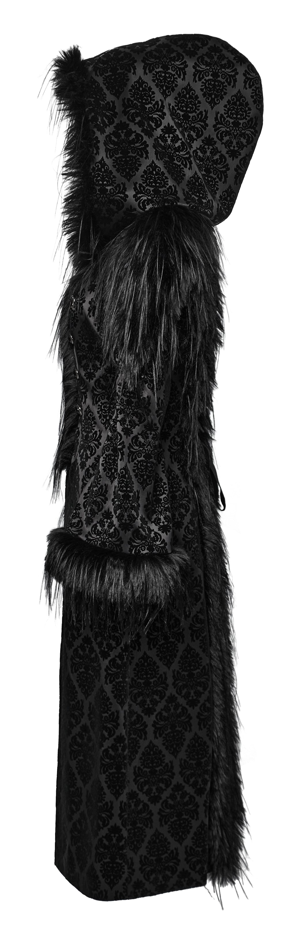 Punk Rave Morrigan Goth Jacquard Coat – Black Faux Fur Hooded Jacket