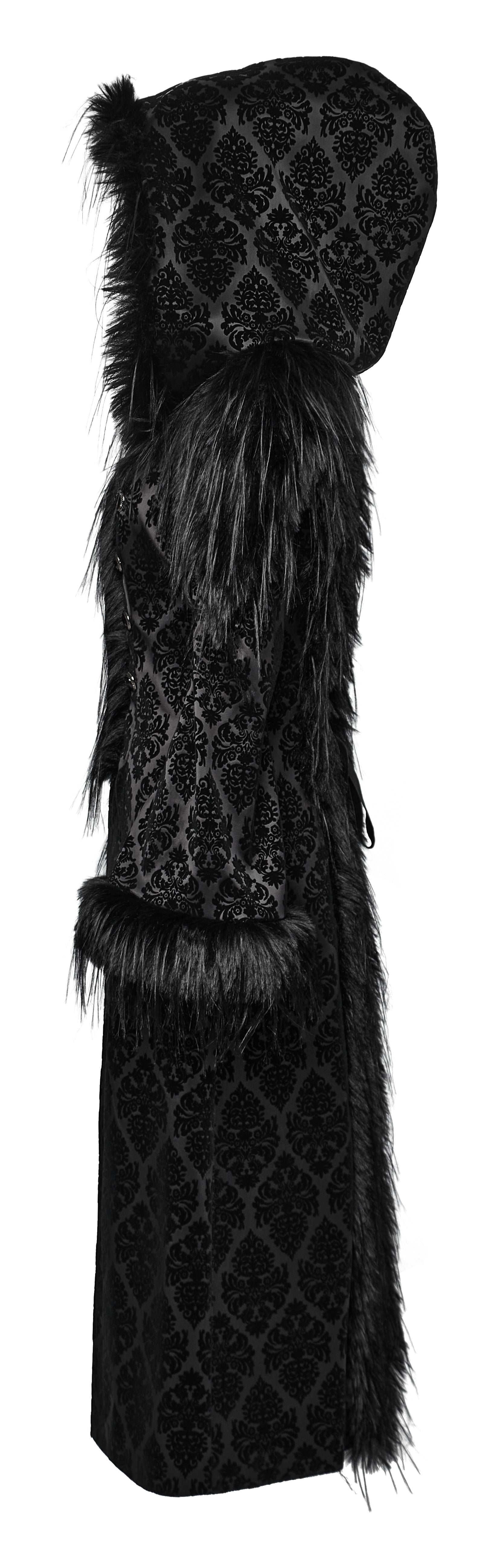 Punk Rave Morrigan Goth Jacquard Coat – Black Faux Fur Hooded Jacket