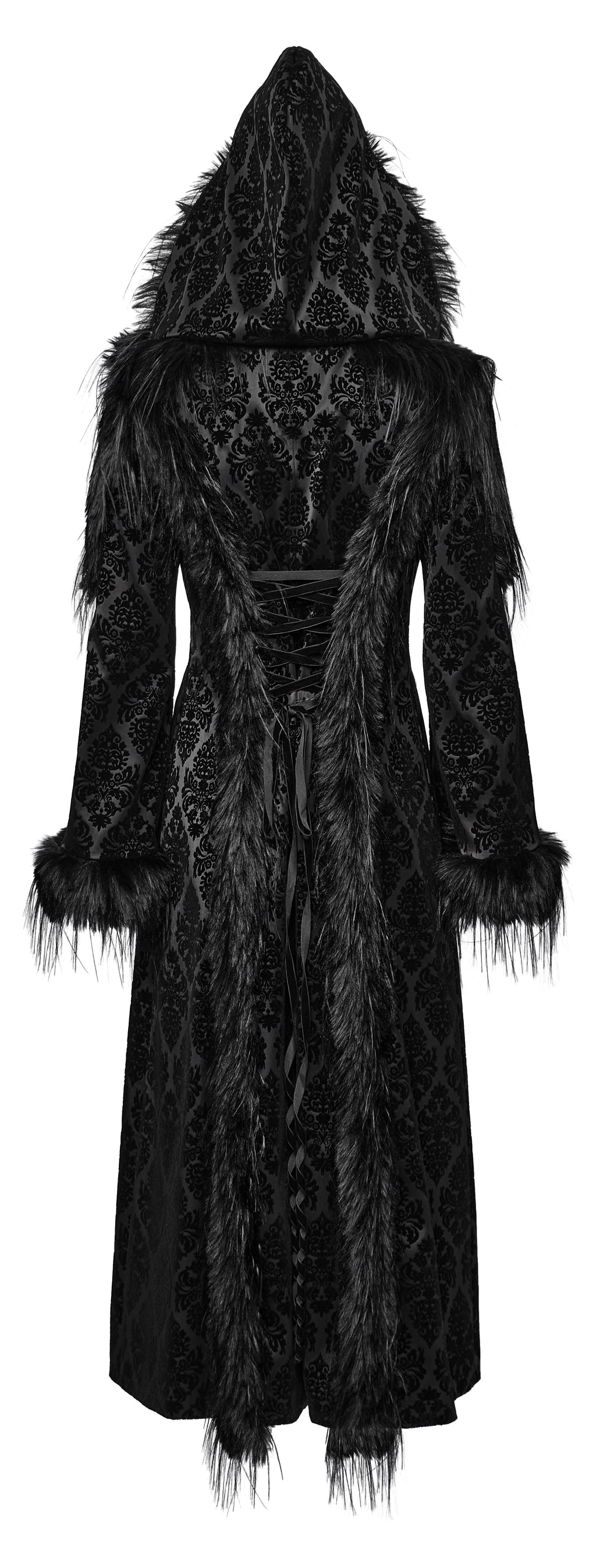 Punk Rave Morrigan Goth Jacquard Coat – Black Faux Fur Hooded Jacket