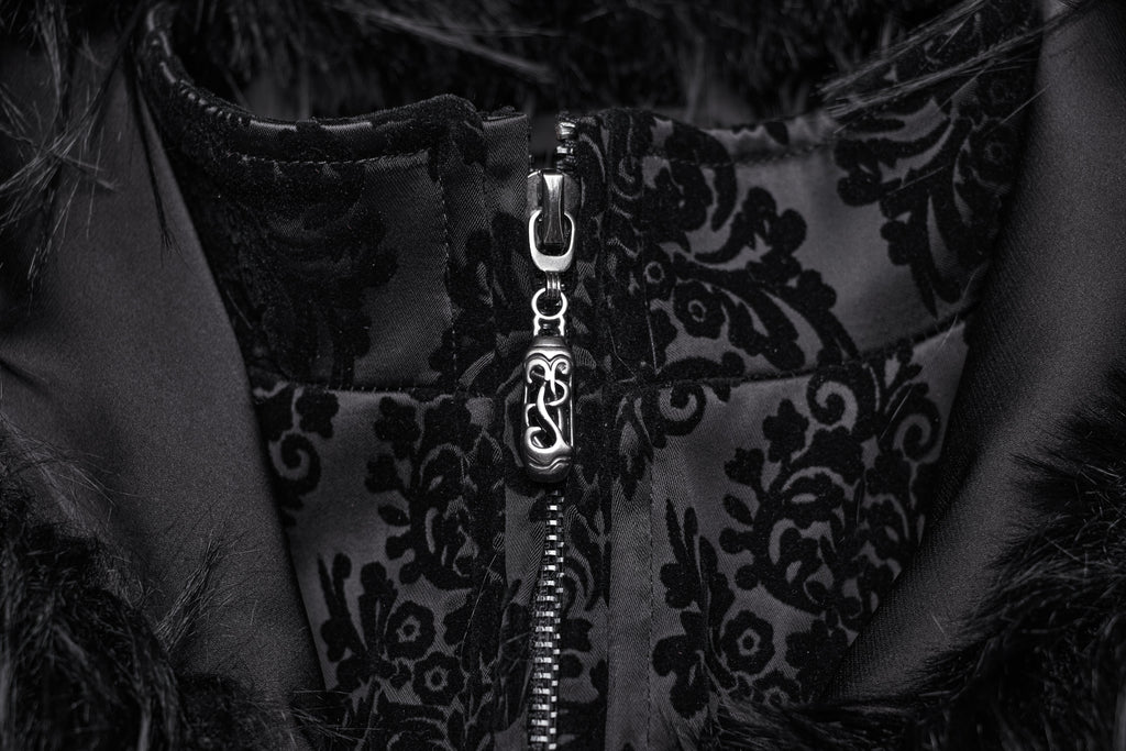 Punk Rave Morrigan Goth Jacquard Coat – Black Faux Fur Hooded Jacket