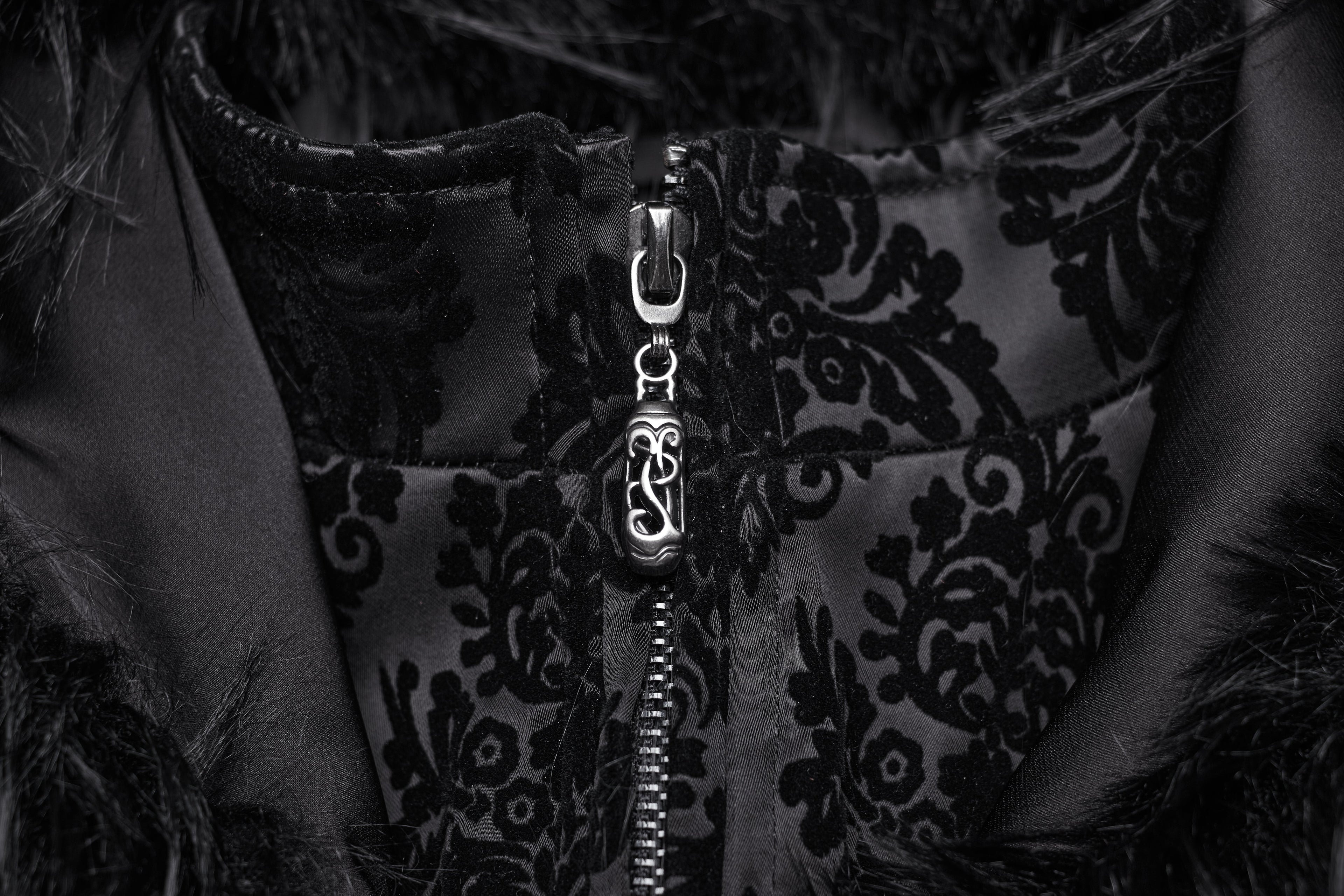 Punk Rave Morrigan Goth Jacquard Coat – Black Faux Fur Hooded Jacket