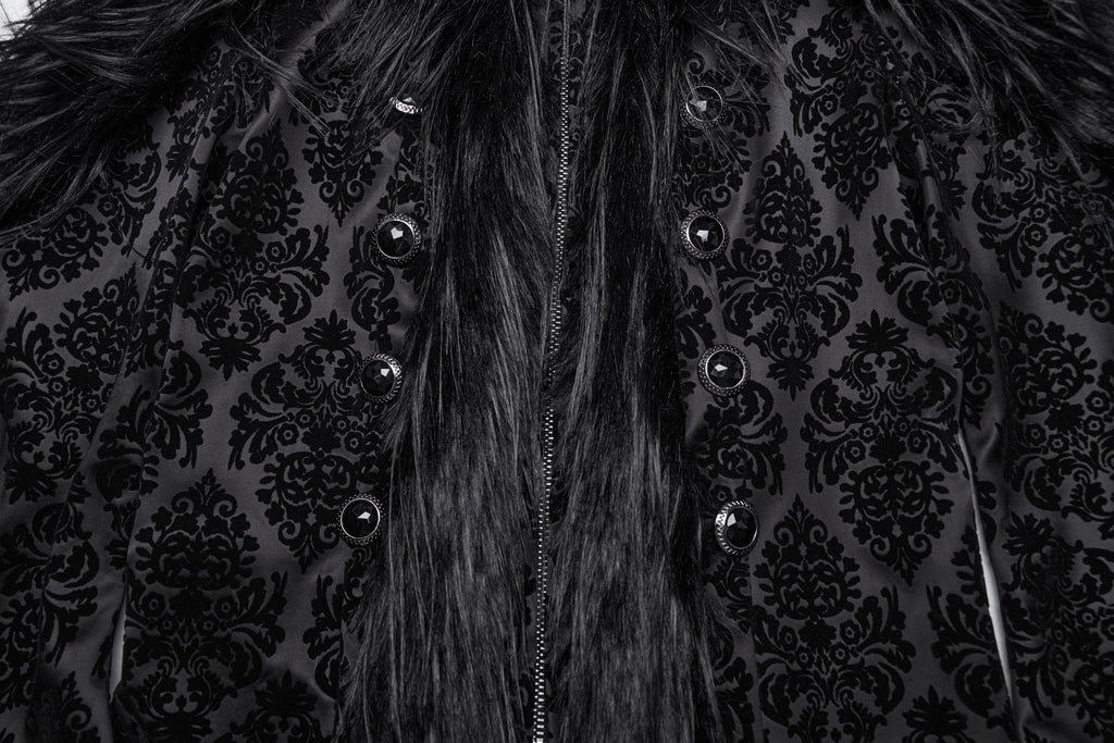 Punk Rave Morrigan Goth Jacquard Coat – Black Faux Fur Hooded Jacket