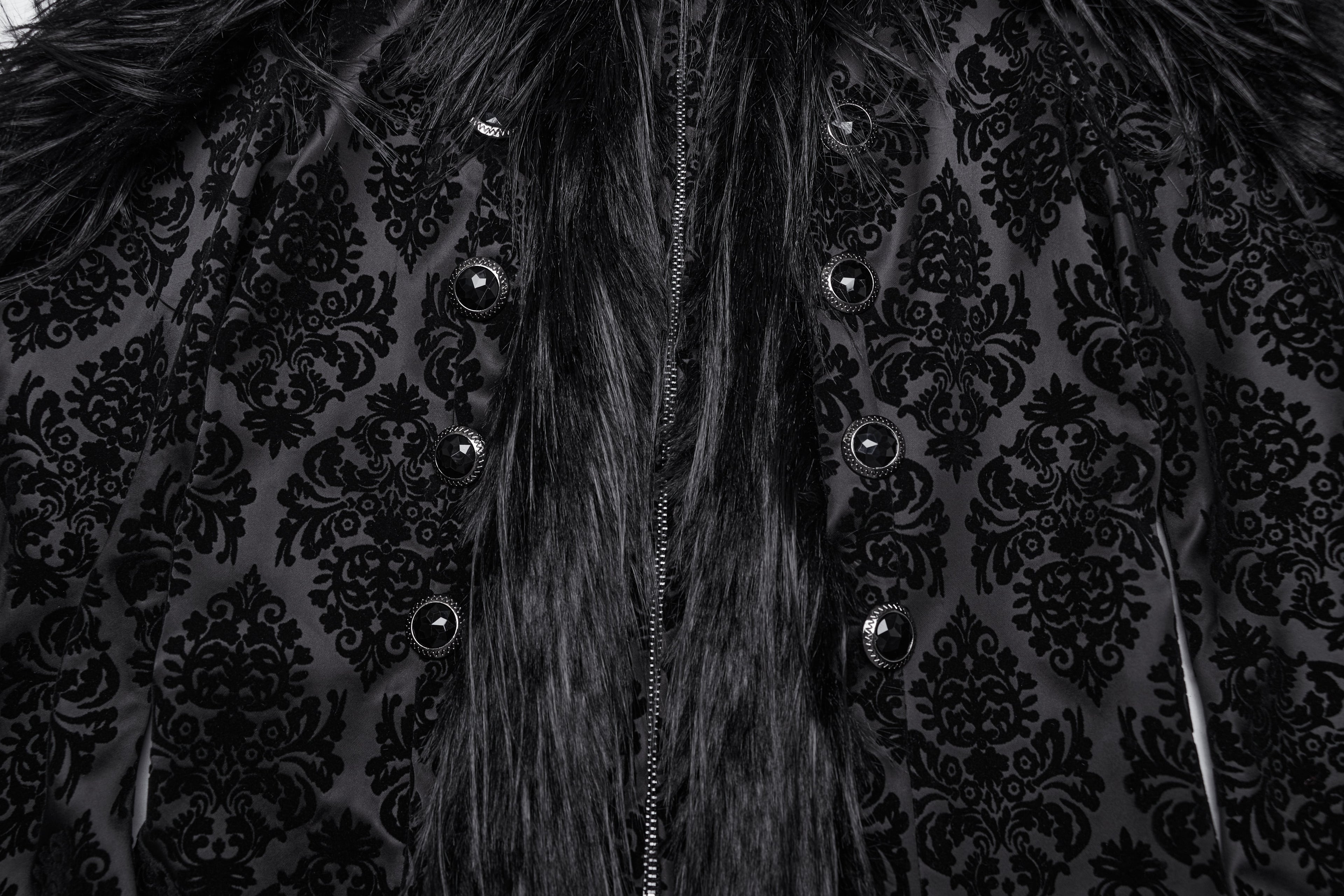 Punk Rave Morrigan Goth Jacquard Coat – Black Faux Fur Hooded Jacket