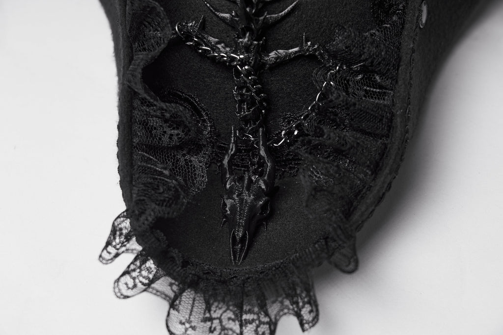 Punk Rave Goth Imprisoned Beast Bone Pirate Hat – Black Lace & Feather