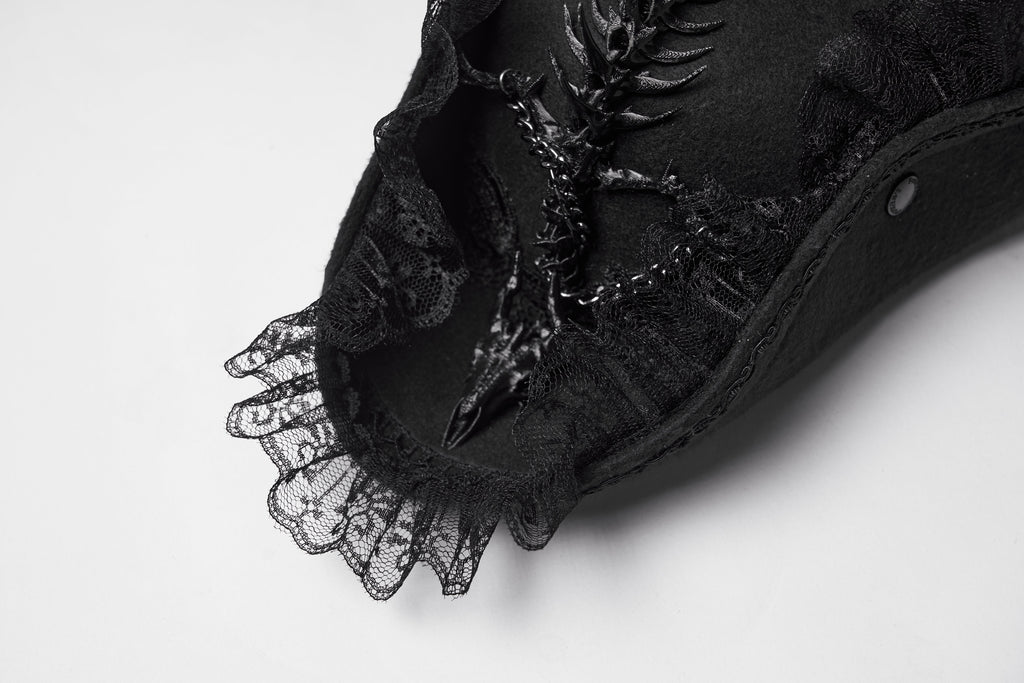 Punk Rave Goth Imprisoned Beast Bone Pirate Hat – Black Lace & Feather