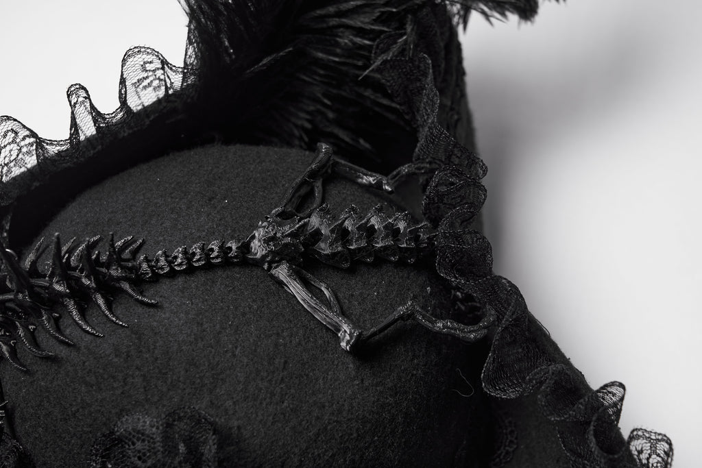 Punk Rave Goth Imprisoned Beast Bone Pirate Hat – Black Lace & Feather