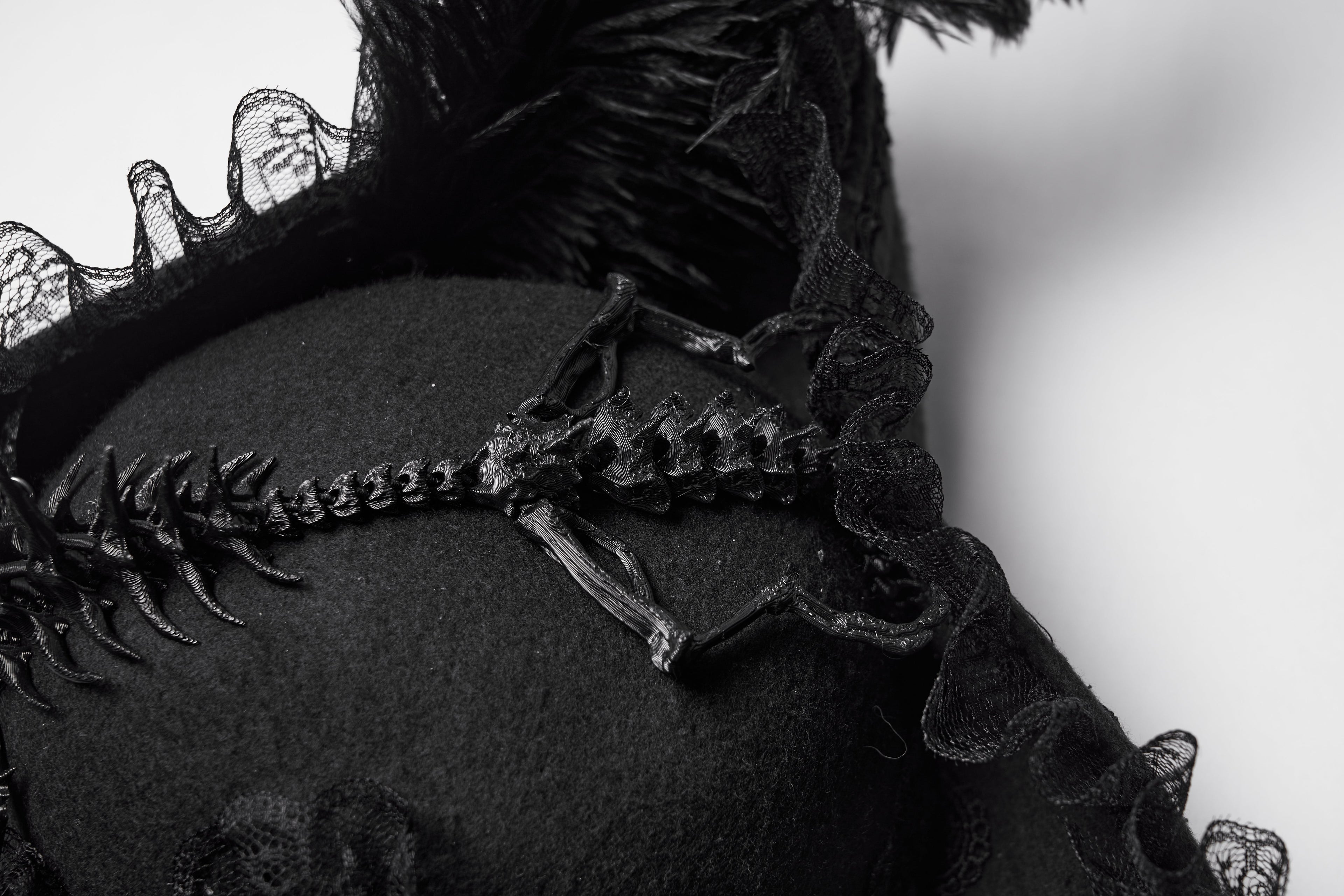 Punk Rave Goth Imprisoned Beast Bone Pirate Hat – Black Lace & Feather