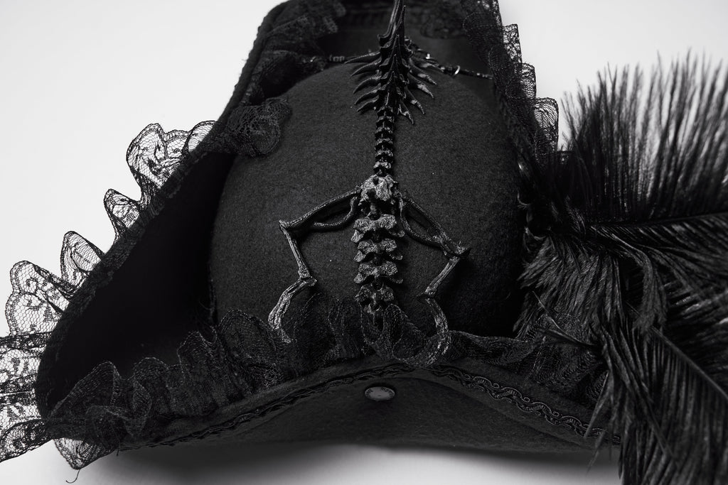 Punk Rave Goth Imprisoned Beast Bone Pirate Hat – Black Lace & Feather