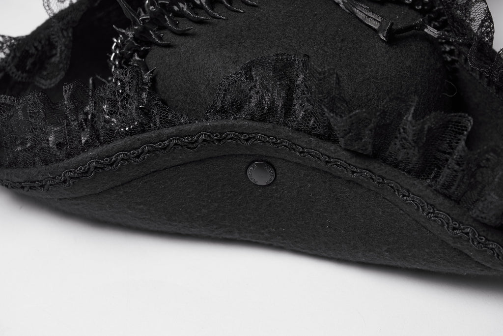 Punk Rave Goth Imprisoned Beast Bone Pirate Hat – Black Lace & Feather