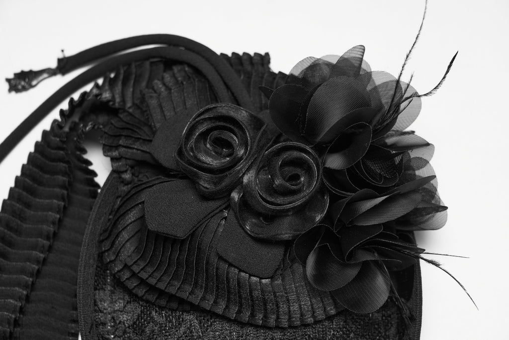 Punk Rave Goth Rose Ribbon Formal Hat – Black Linen Fabric Headpiece