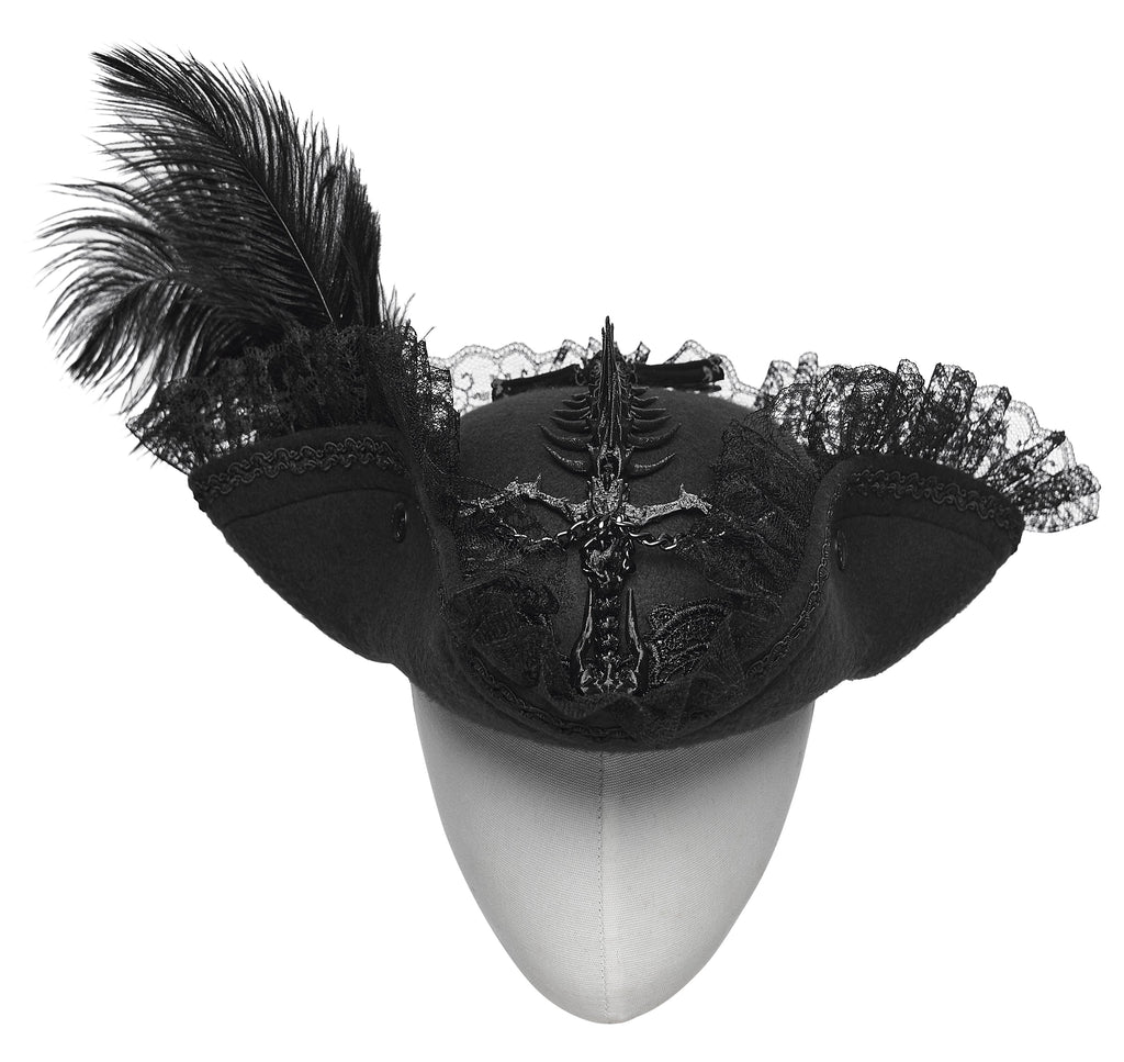 Punk Rave Goth Imprisoned Beast Bone Pirate Hat – Black Lace & Feather