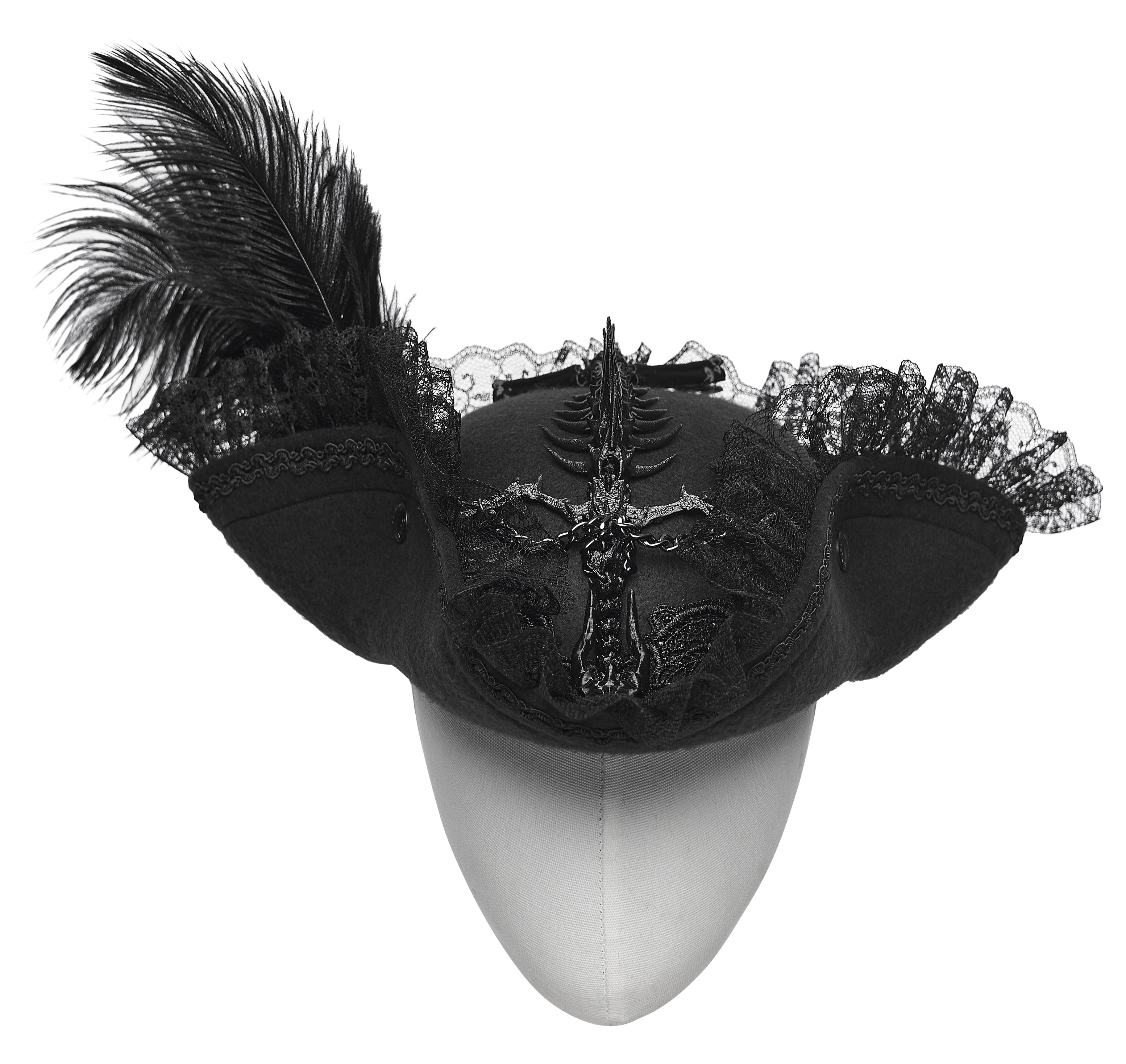Punk Rave Goth Imprisoned Beast Bone Pirate Hat – Black Lace & Feather