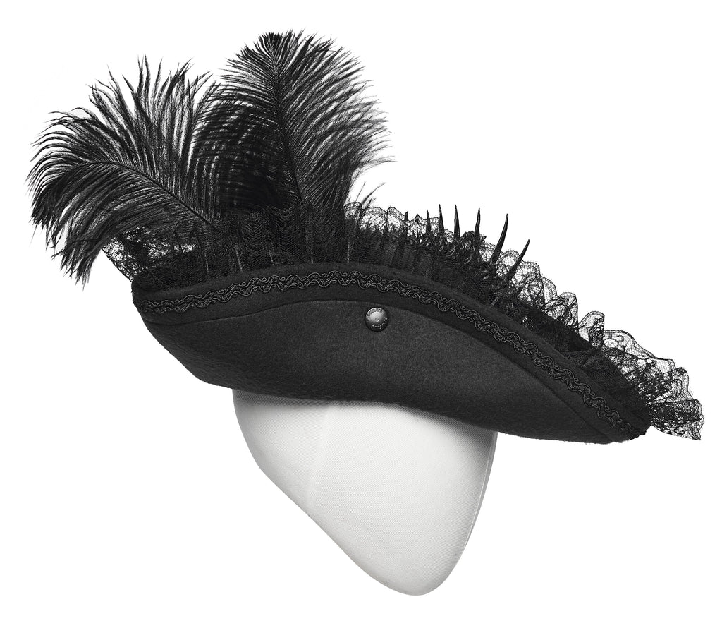 Punk Rave Goth Imprisoned Beast Bone Pirate Hat – Black Lace & Feather