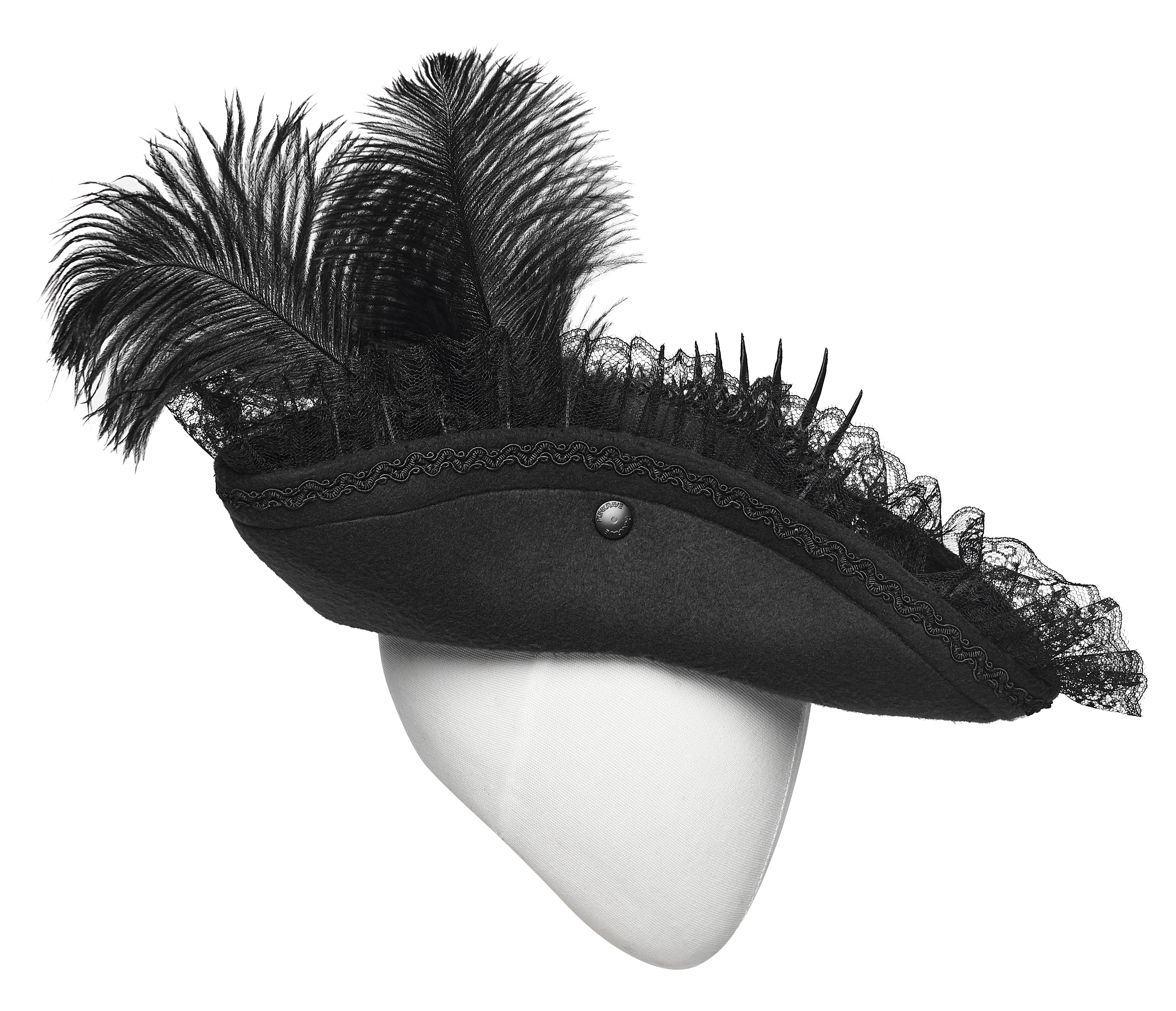 Punk Rave Goth Imprisoned Beast Bone Pirate Hat – Black Lace & Feather