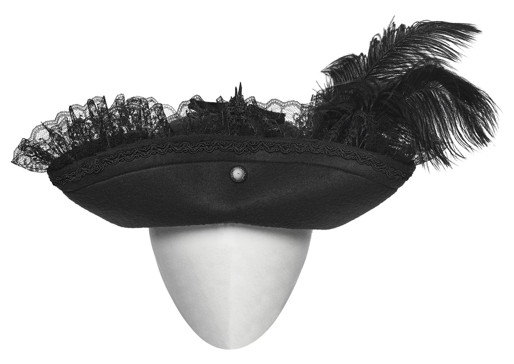 Punk Rave Goth Imprisoned Beast Bone Pirate Hat – Black Lace & Feather