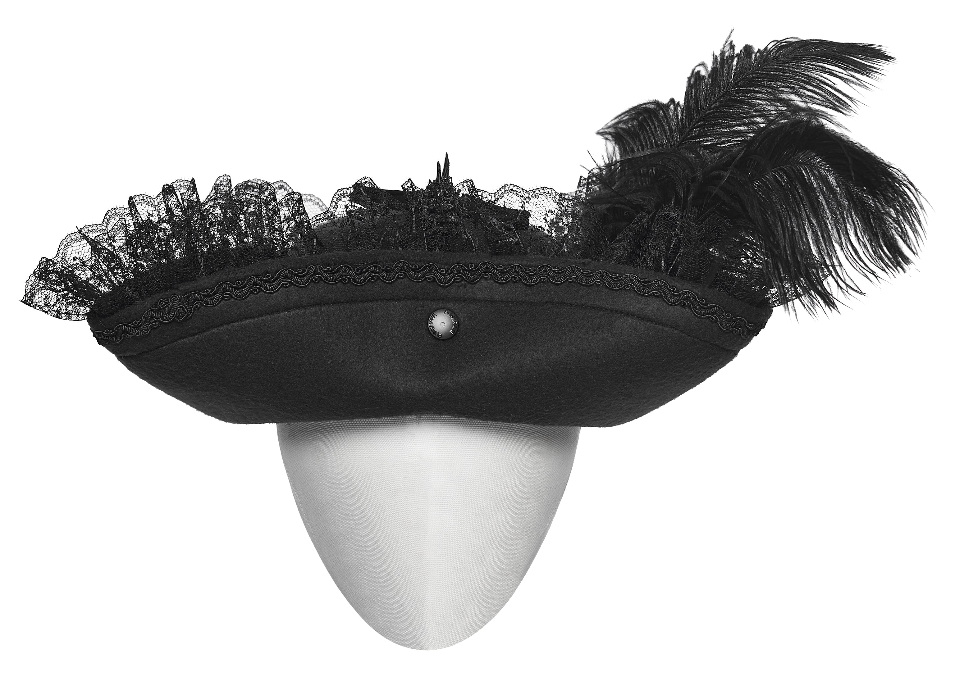 Punk Rave Goth Imprisoned Beast Bone Pirate Hat – Black Lace & Feather