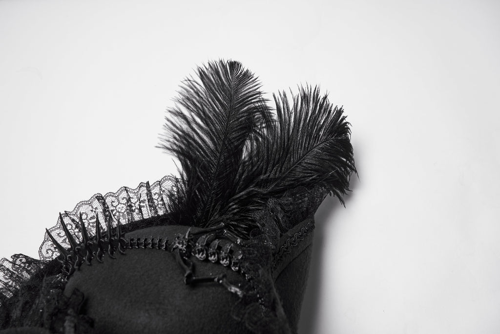 Punk Rave Goth Imprisoned Beast Bone Pirate Hat – Black Lace & Feather