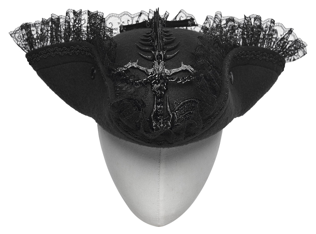 Punk Rave Goth Imprisoned Beast Bone Pirate Hat – Black Lace & Feather