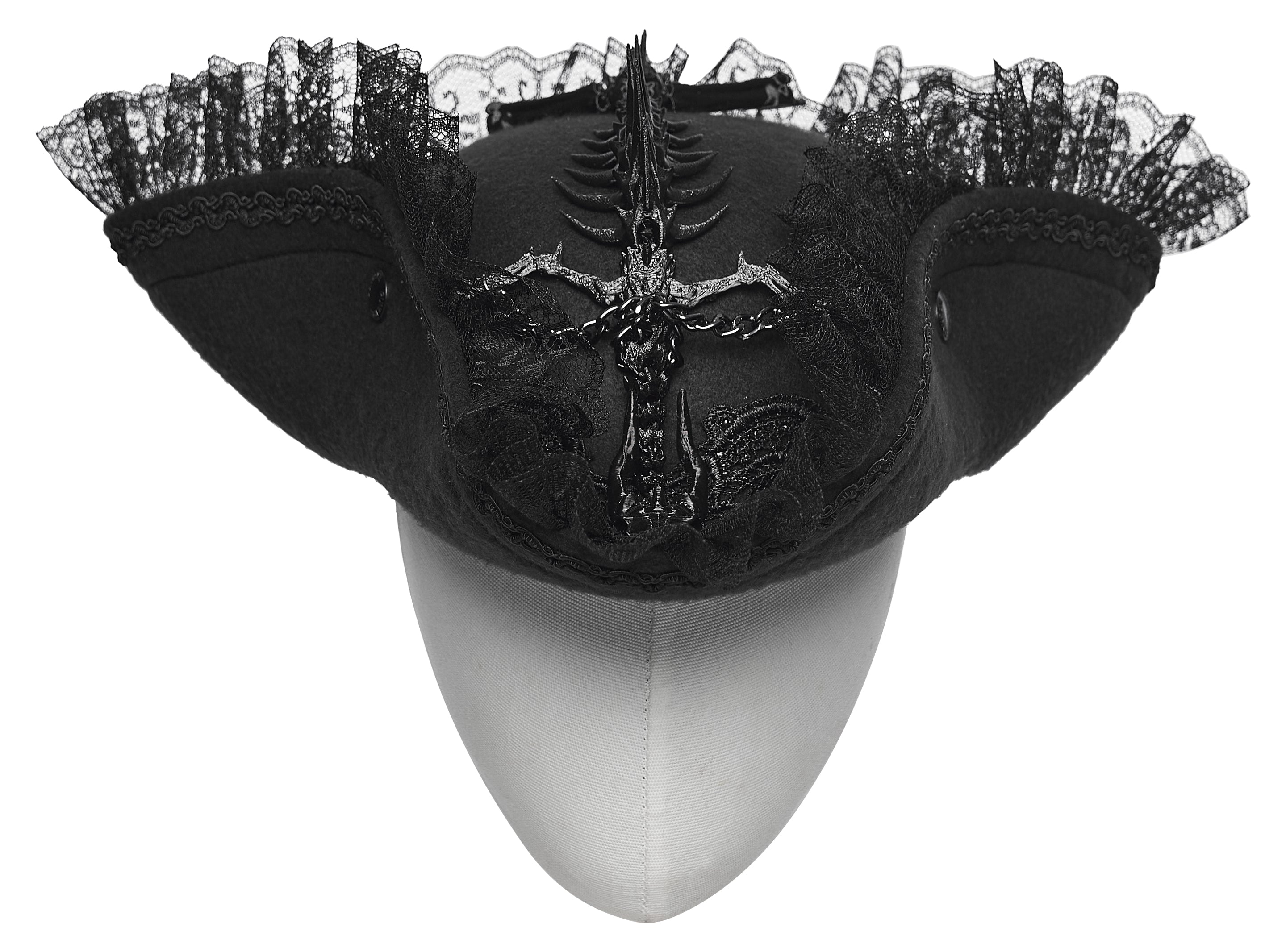 Punk Rave Goth Imprisoned Beast Bone Pirate Hat – Black Lace & Feather