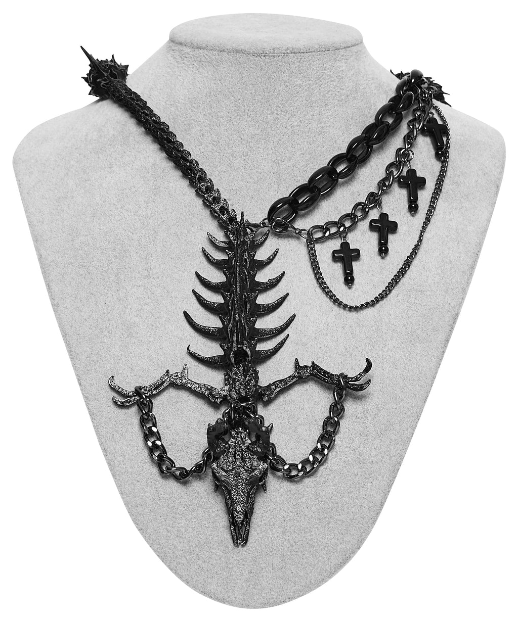 Punk Rave Dragon Bone Necklace | Gothic 3D Printed Skull & Chains