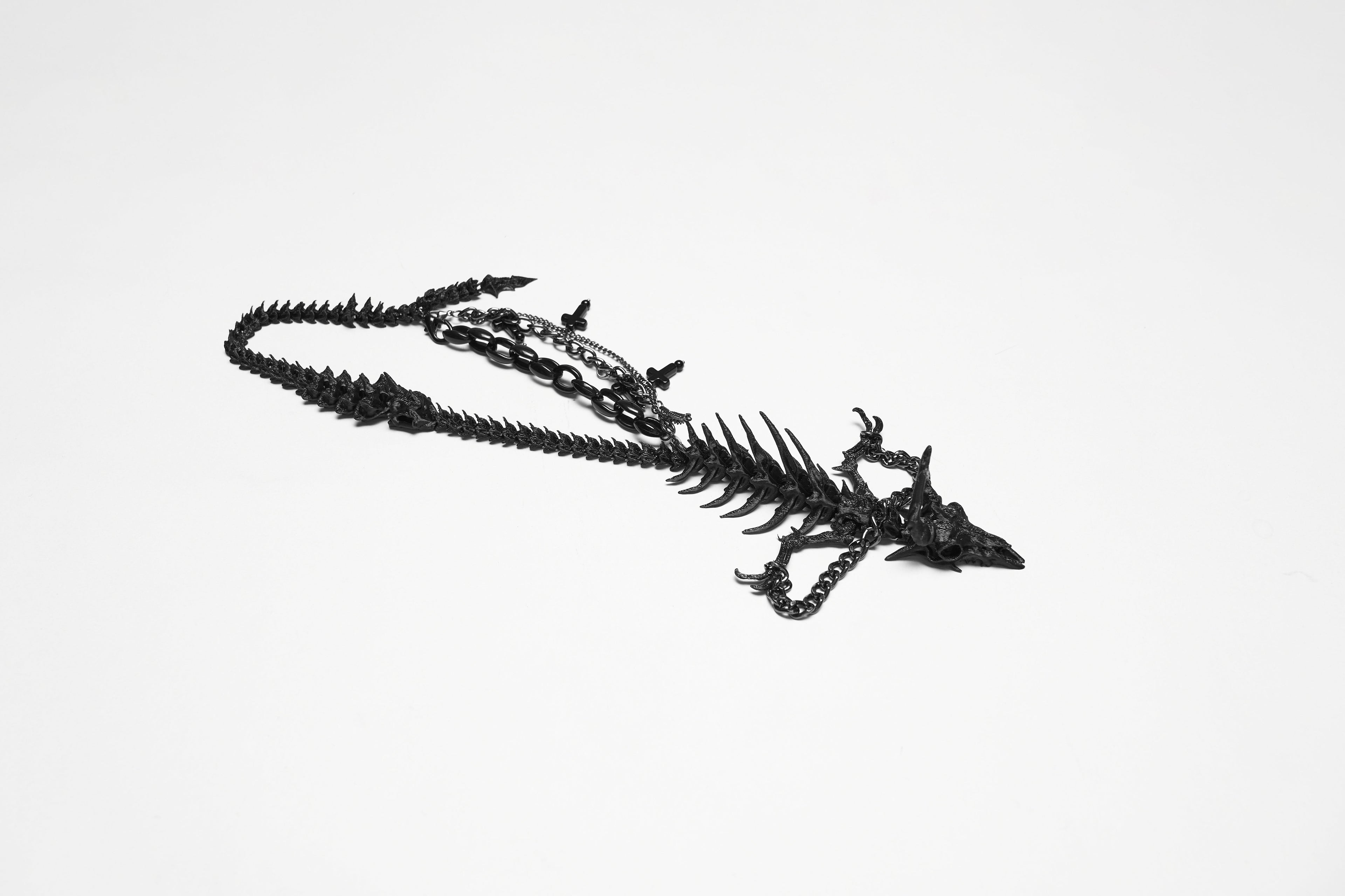Punk Rave Dragon Bone Necklace | Gothic 3D Printed Skull & Chains