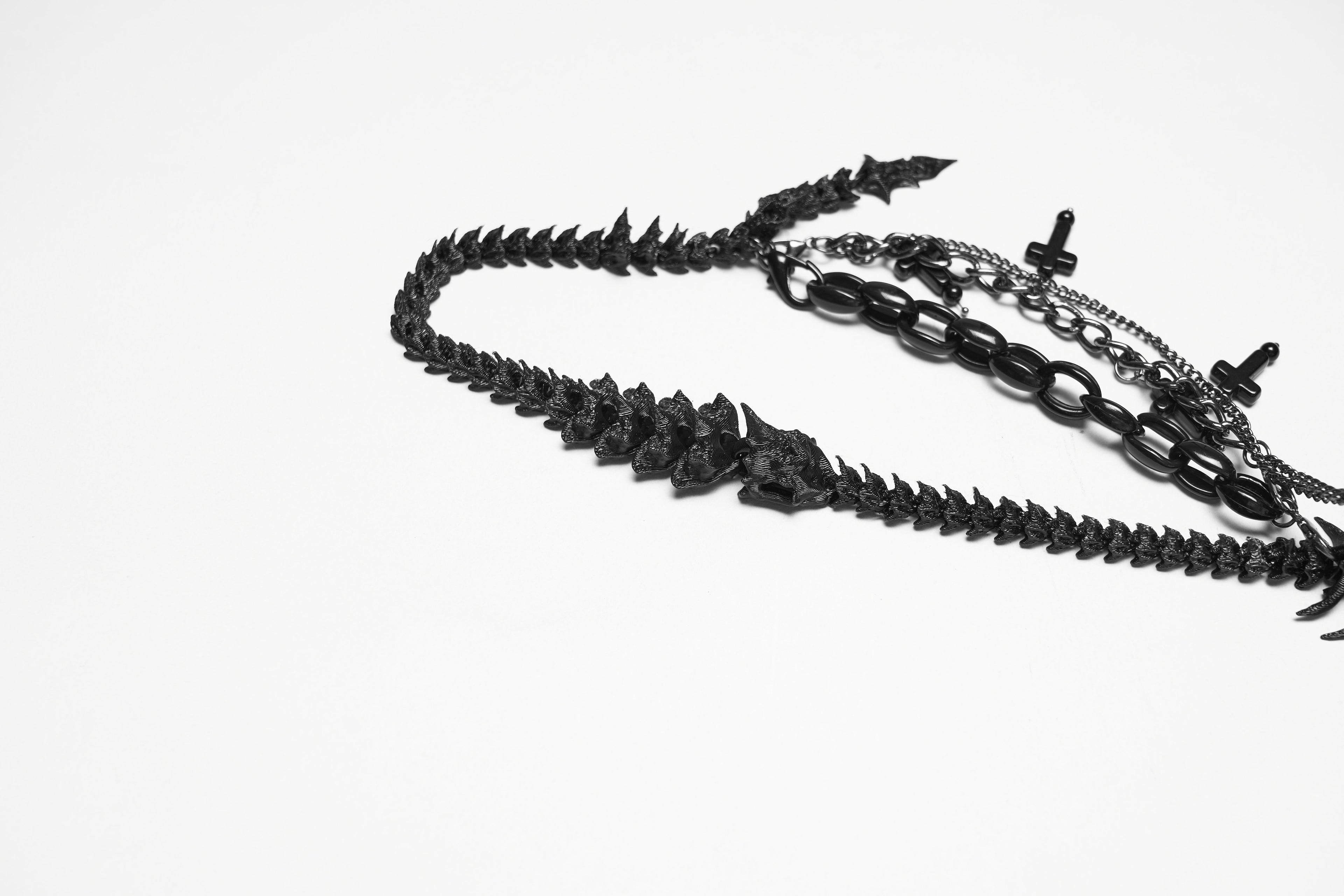 Punk Rave Dragon Bone Necklace | Gothic 3D Printed Skull & Chains