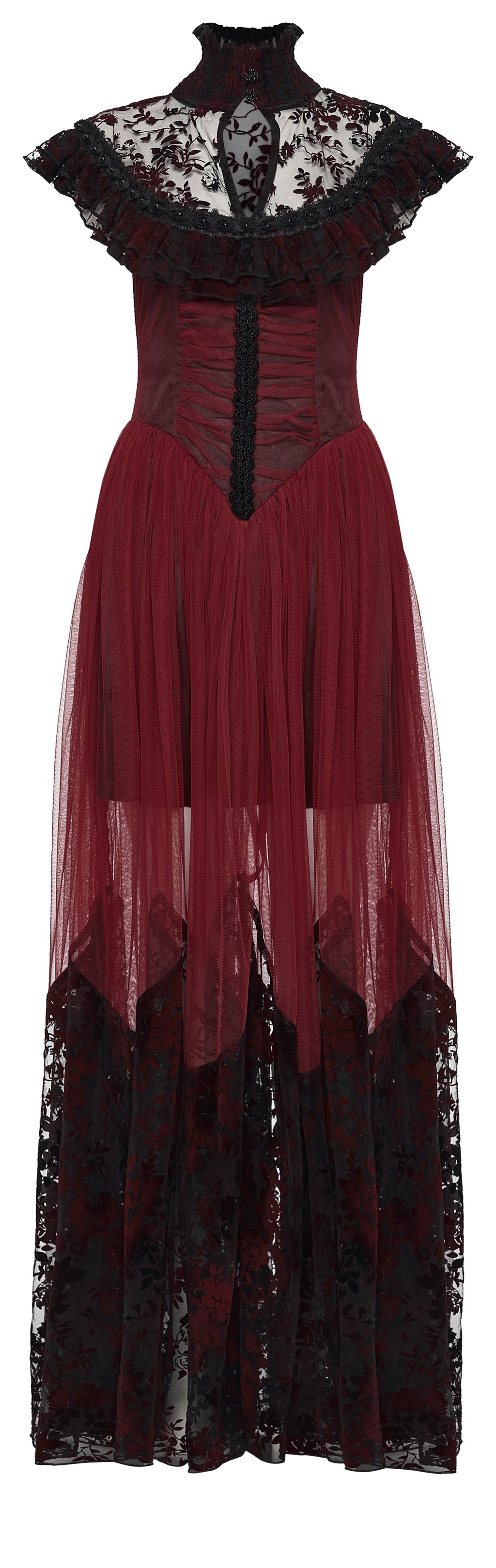 Punk Rave Gothic Flying Sleeve Dress | Red & Black Floral Mesh Gown
