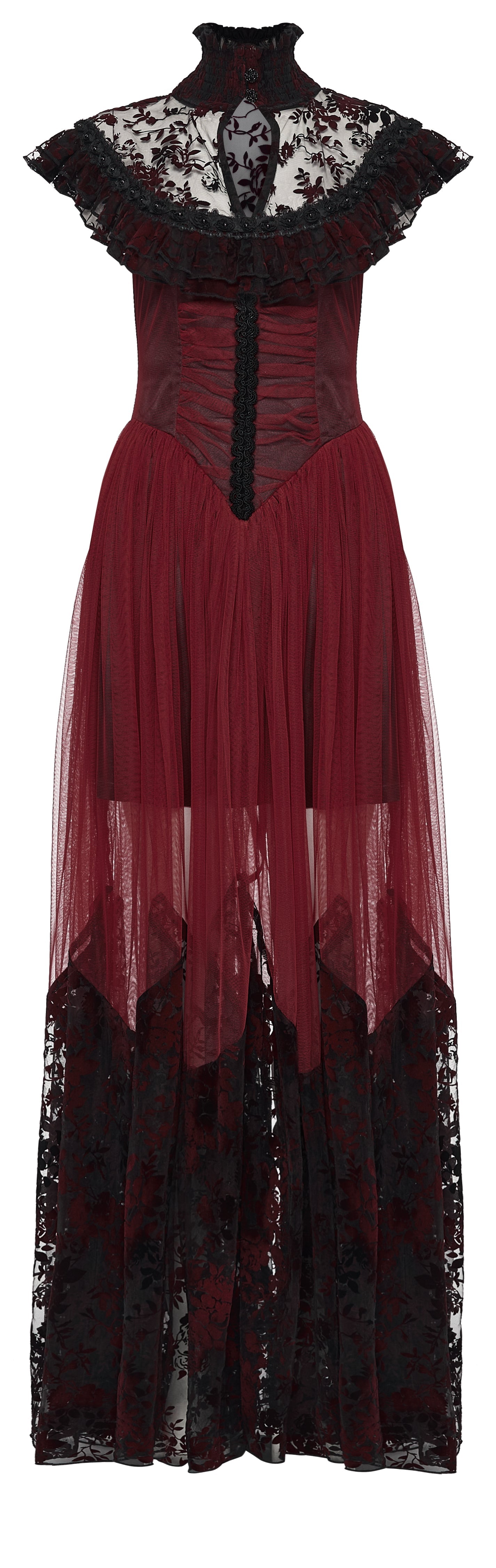 Punk Rave Gothic Flying Sleeve Dress | Red & Black Floral Mesh Gown