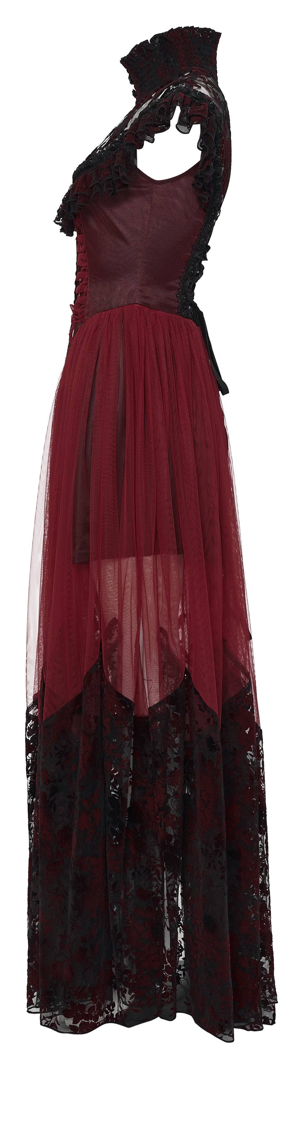 Punk Rave Gothic Flying Sleeve Dress | Red & Black Floral Mesh Gown