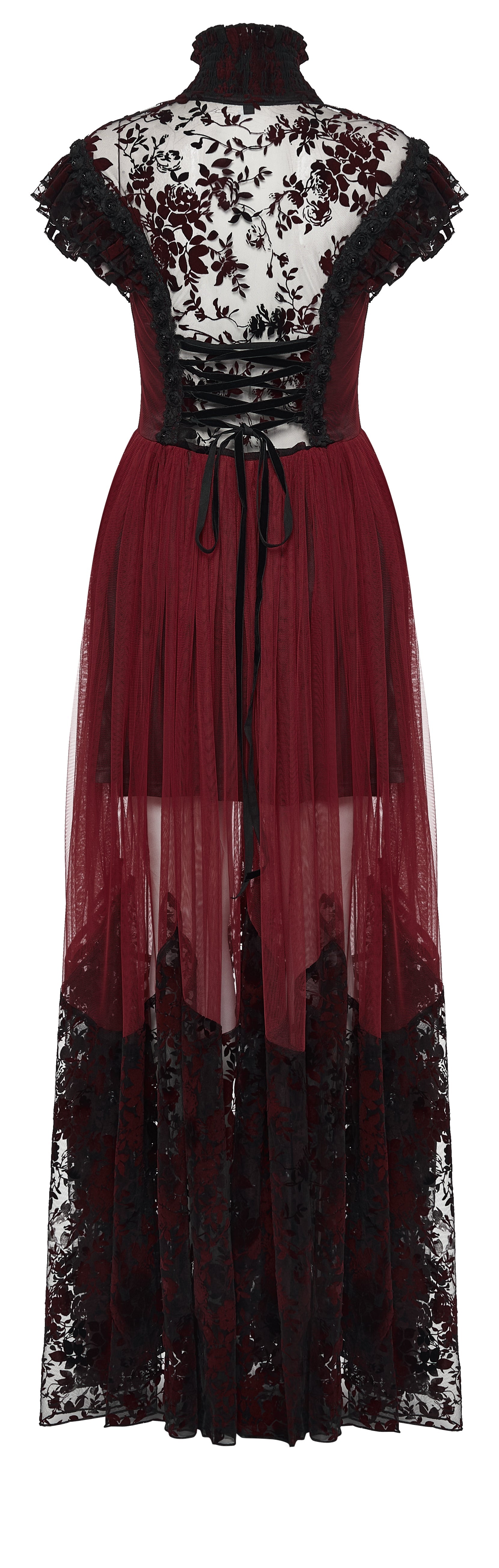 Punk Rave Gothic Flying Sleeve Dress | Red & Black Floral Mesh Gown