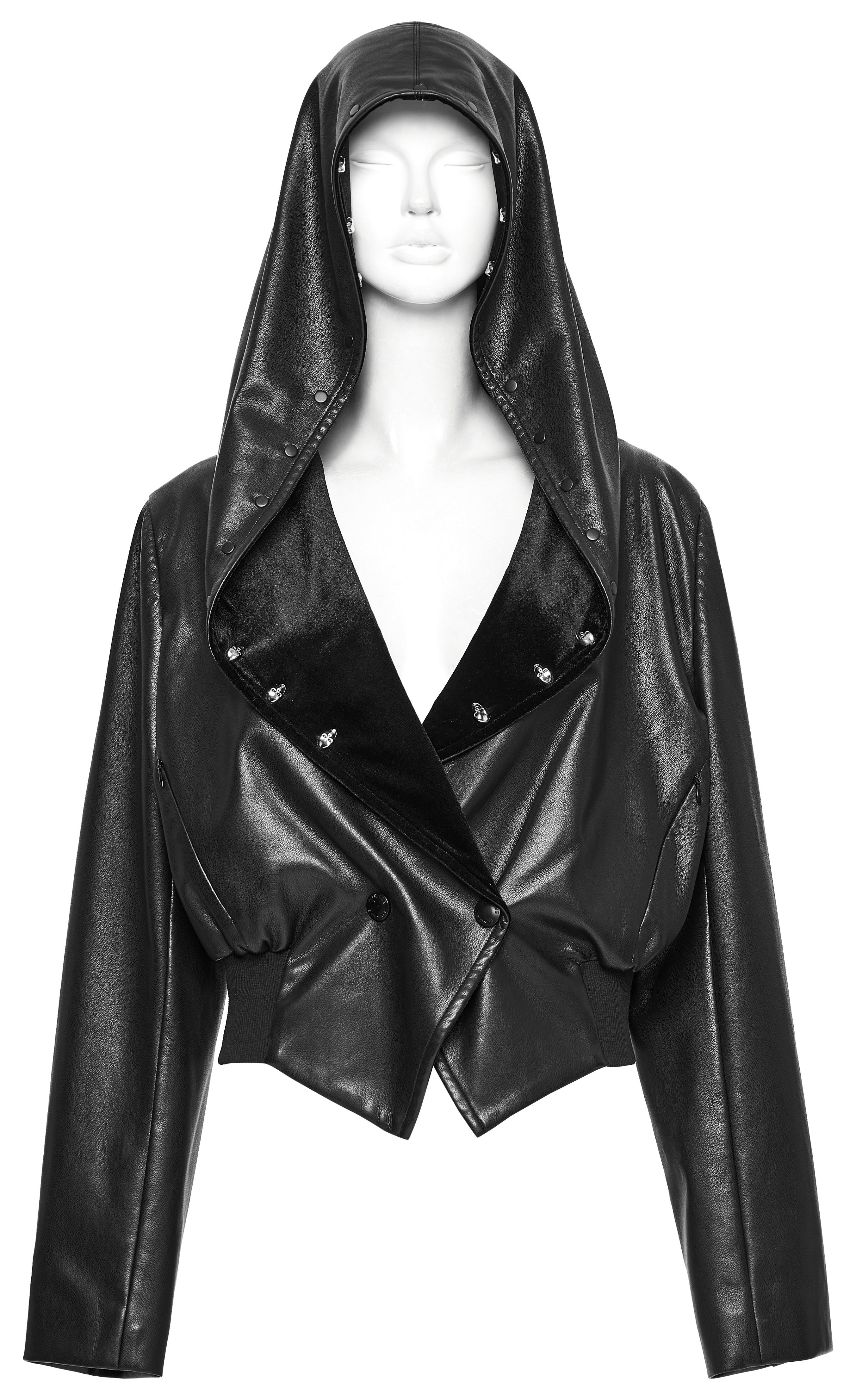 Punk Rave Nyx Hooded Faux Leather Jacket – Gothic Skull Studded Coat