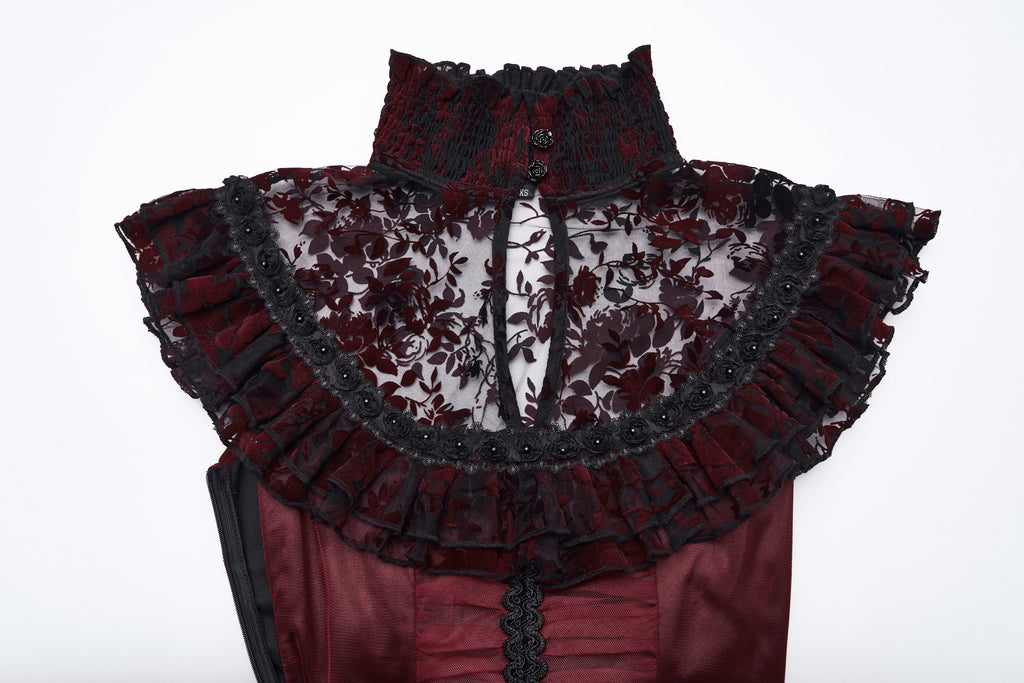 Punk Rave Gothic Flying Sleeve Dress | Red & Black Floral Mesh Gown