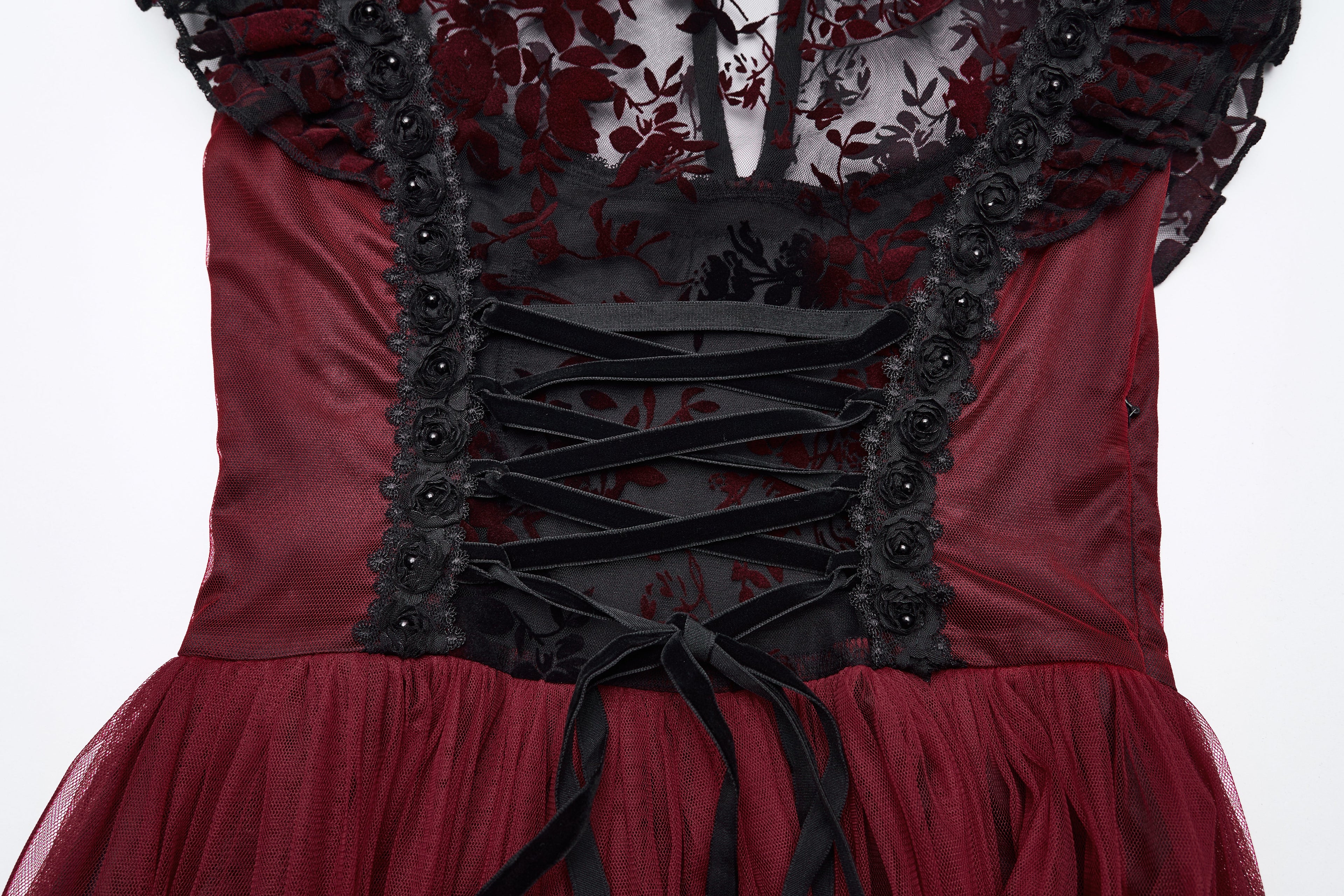 Punk Rave Gothic Flying Sleeve Dress | Red & Black Floral Mesh Gown
