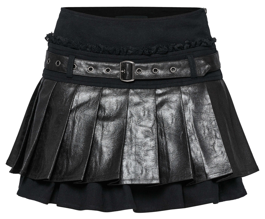 Punk Rave Jianna Pleated Skirt – Faux Leather and Lace Edgy Mini Skirt
