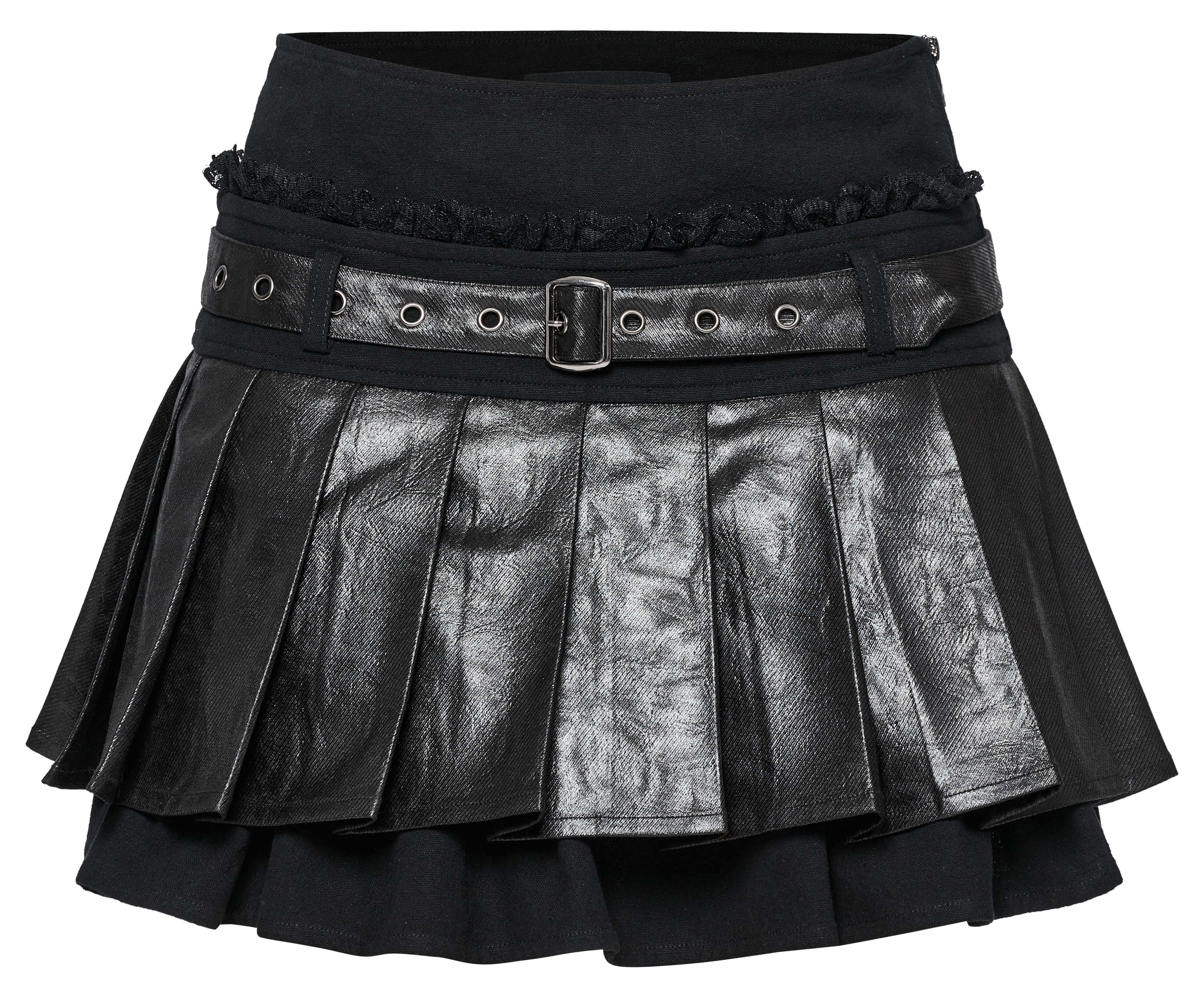 Punk Rave Jianna Pleated Skirt – Faux Leather and Lace Edgy Mini Skirt