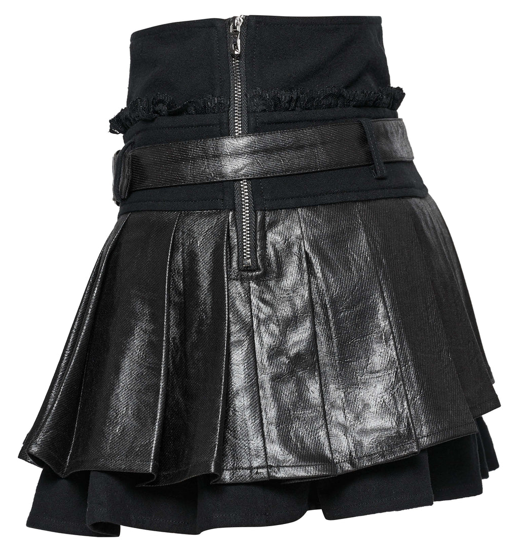 Punk Rave Jianna Pleated Skirt – Faux Leather and Lace Edgy Mini Skirt