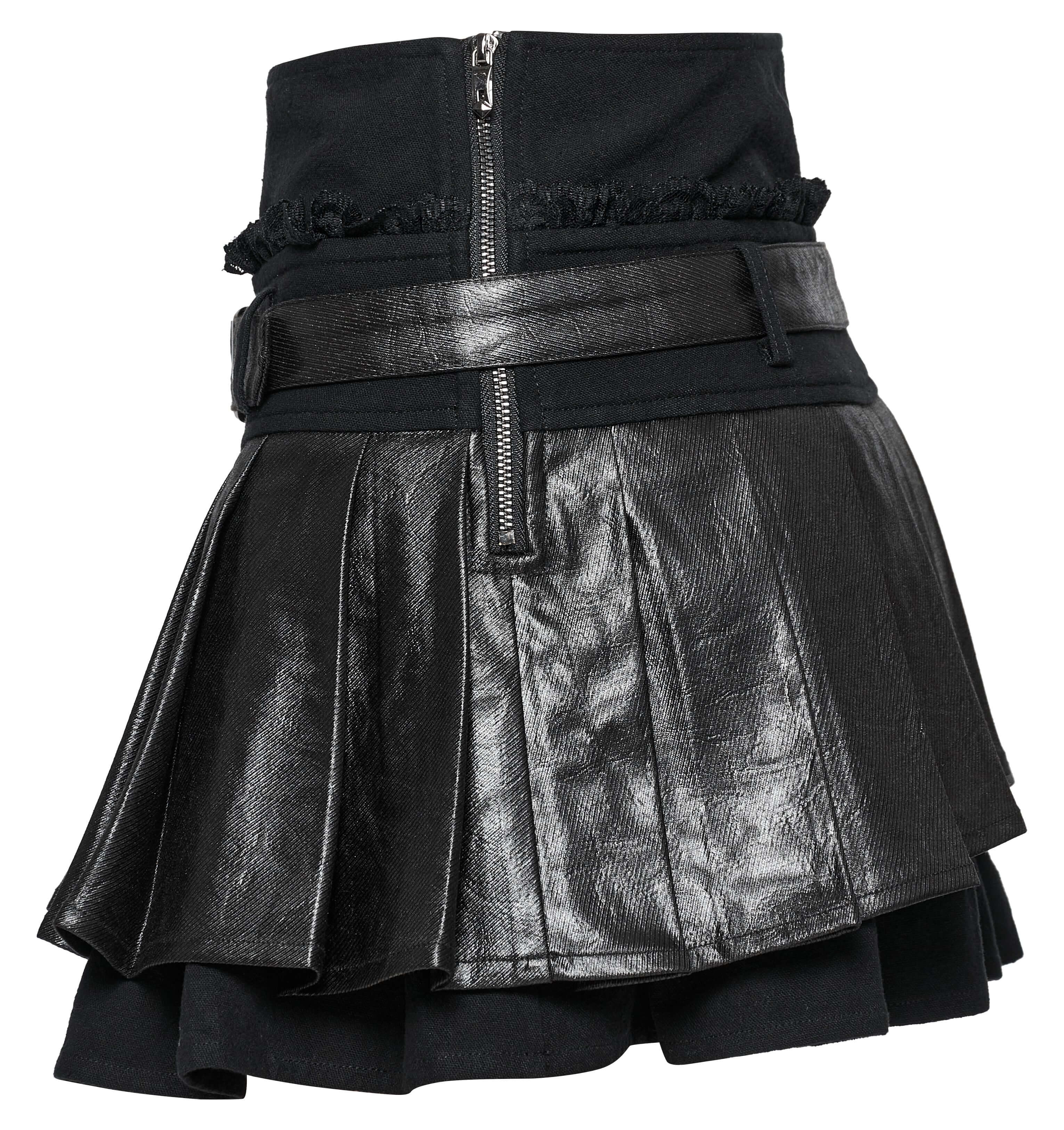 Punk Rave Jianna Pleated Skirt – Faux Leather and Lace Edgy Mini Skirt