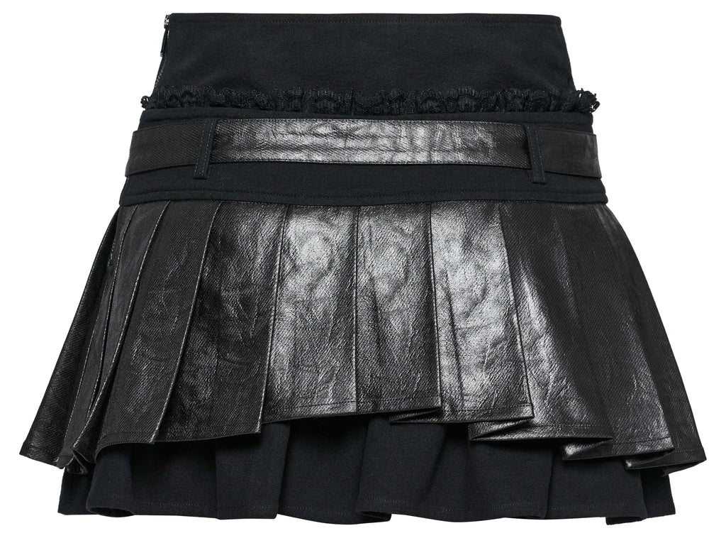 Punk Rave Jianna Pleated Skirt – Faux Leather and Lace Edgy Mini Skirt