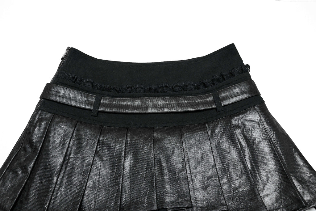 Punk Rave Jianna Pleated Skirt – Faux Leather and Lace Edgy Mini Skirt
