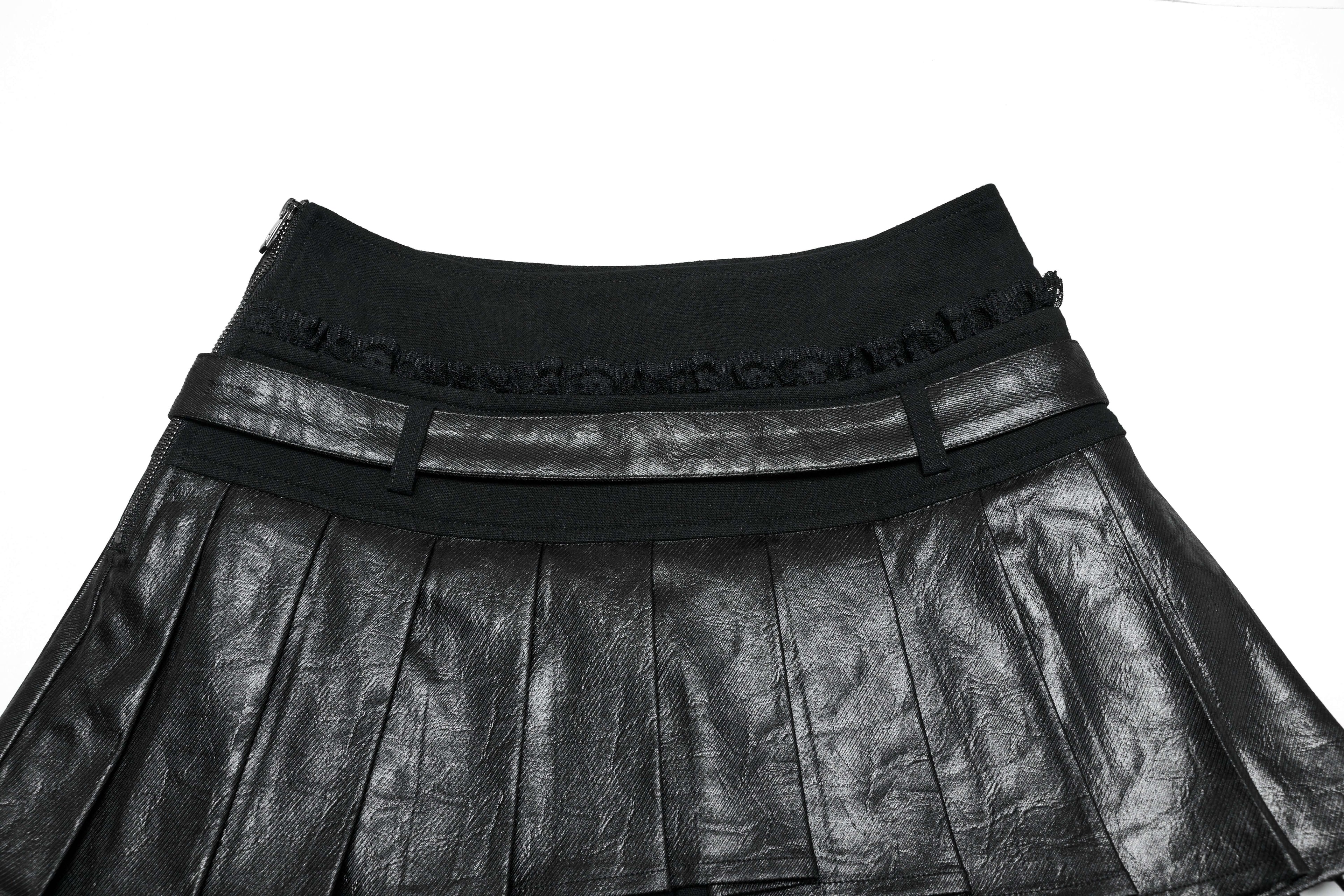 Punk Rave Jianna Pleated Skirt – Faux Leather and Lace Edgy Mini Skirt